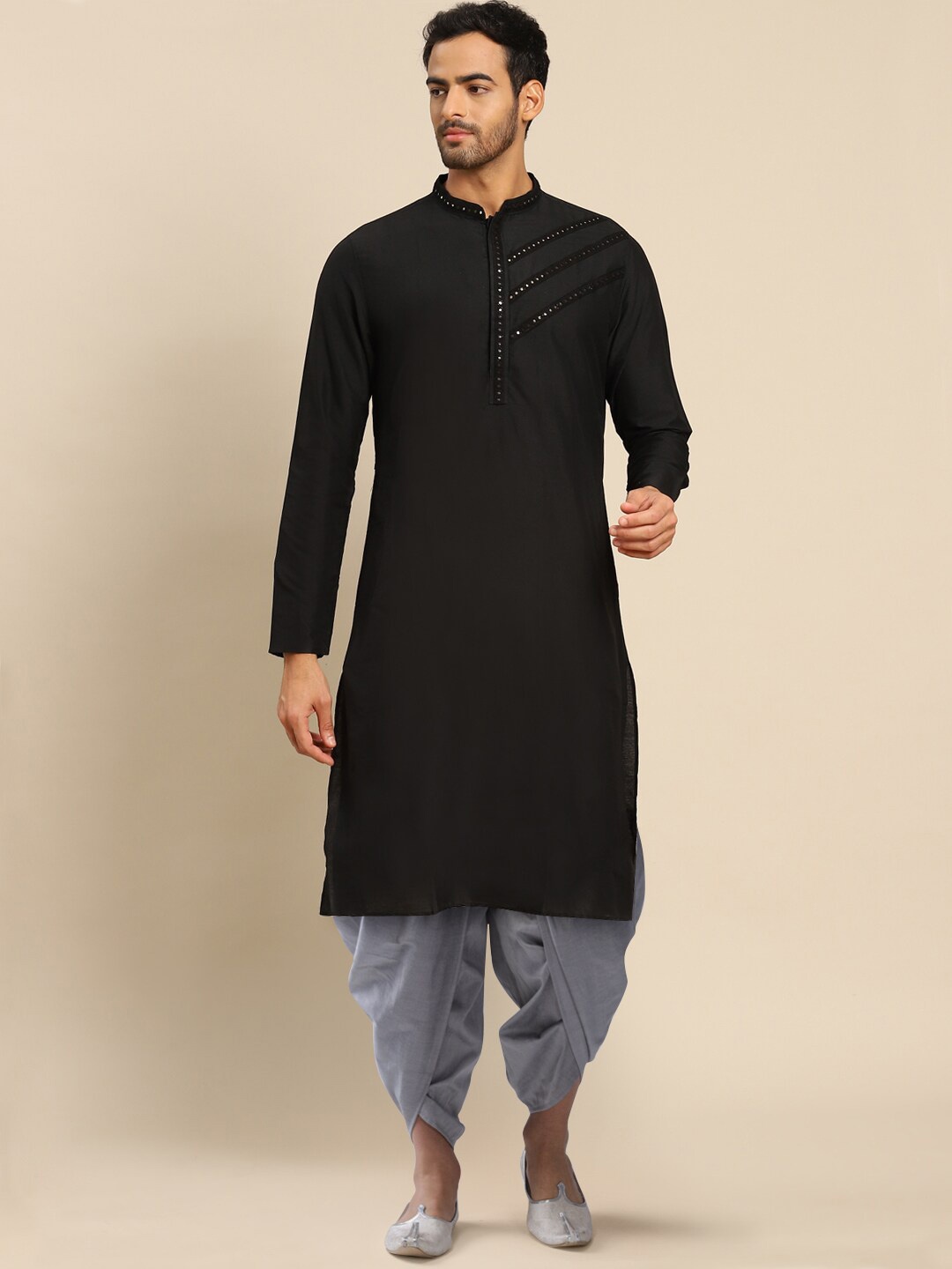 

KISAH Men Black Striped Sequinned Kurta with Dhoti Pants