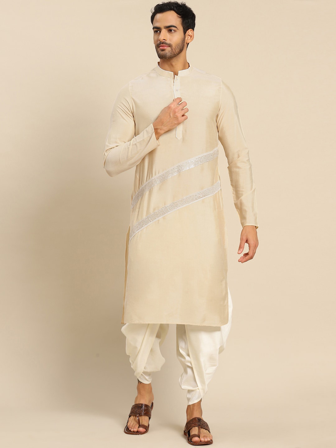 

KISAH Men Cream-Coloured Striped Layered Kurta with Dhoti Pants