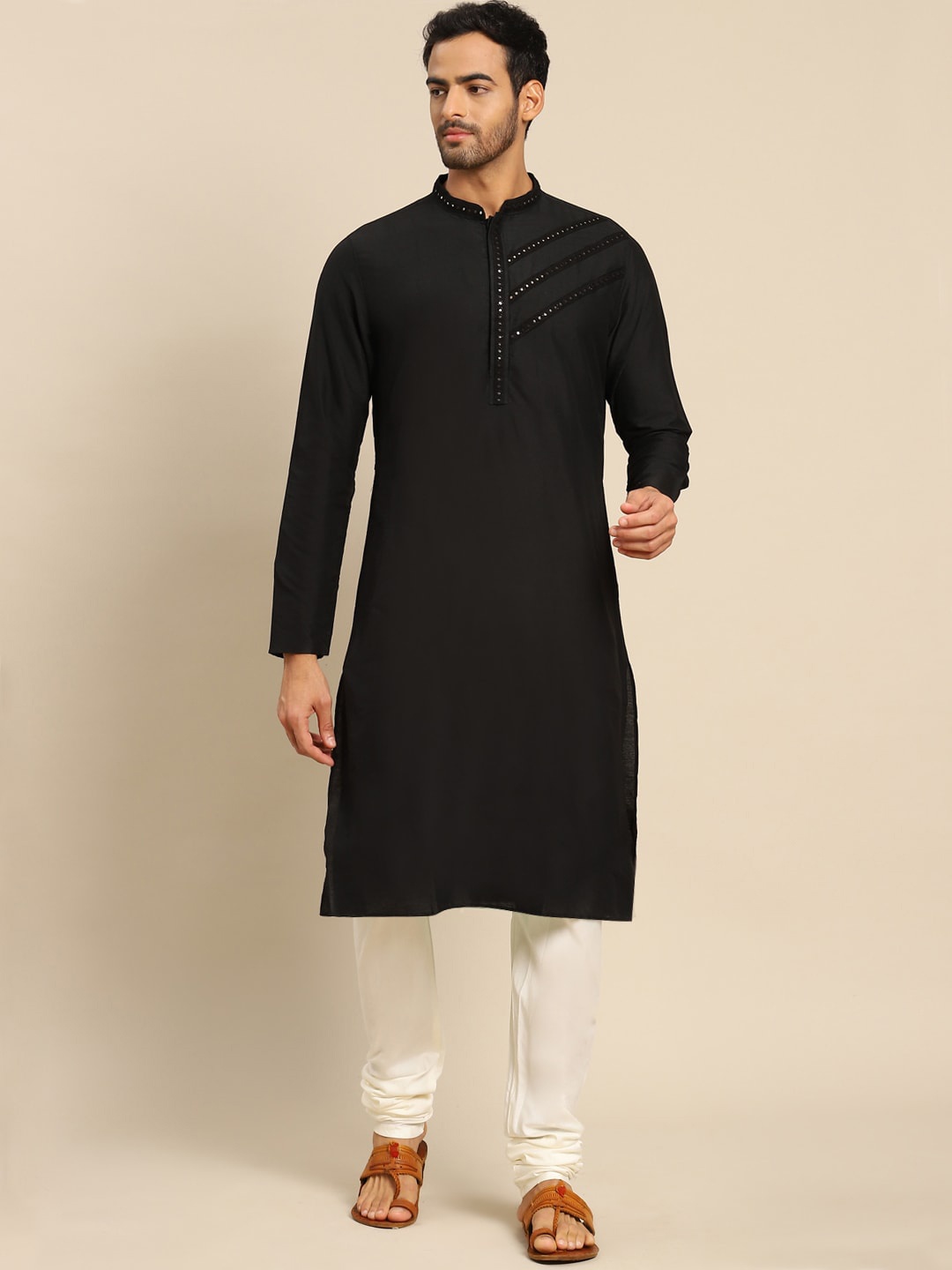 

KISAH Men Black Embroidered Mirror Work Kurta with Churidar