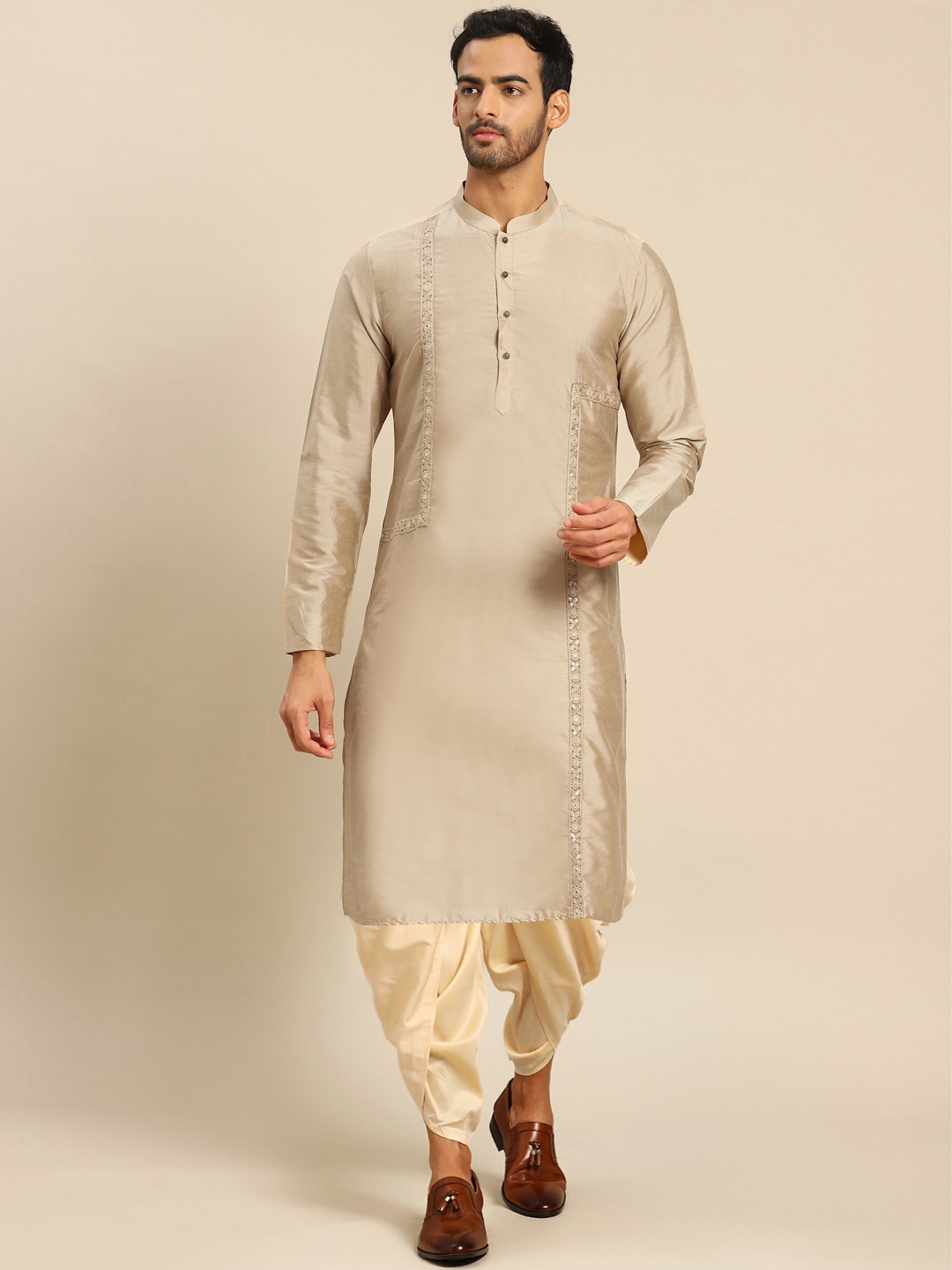 

KISAH Men Beige Solid Cotton Blend Sequinned & Thread Work Kurta with Dhoti Pants Set