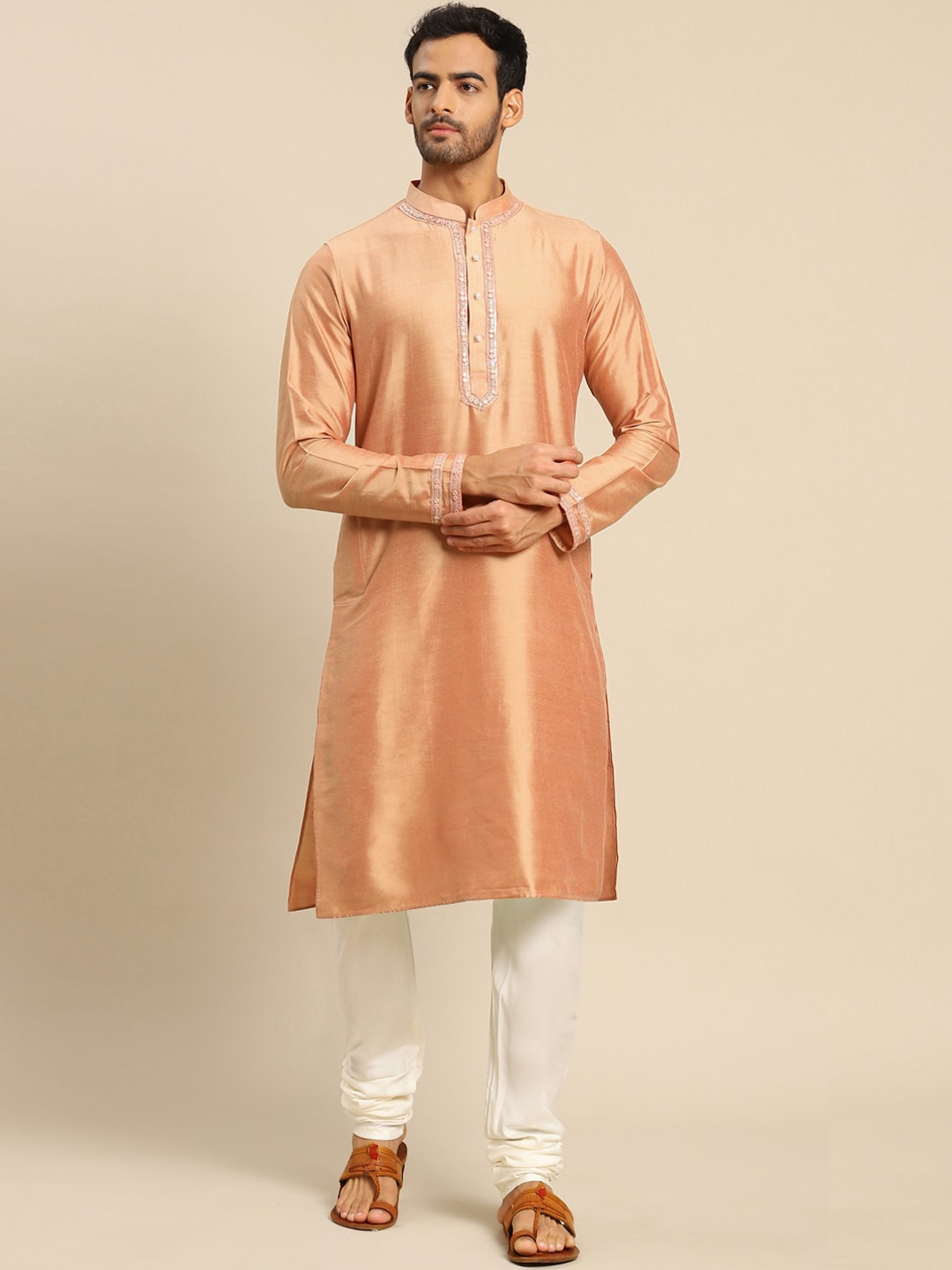

KISAH Men Coral Sequinned Mirror & Thread Work Kurta with Churidar Set
