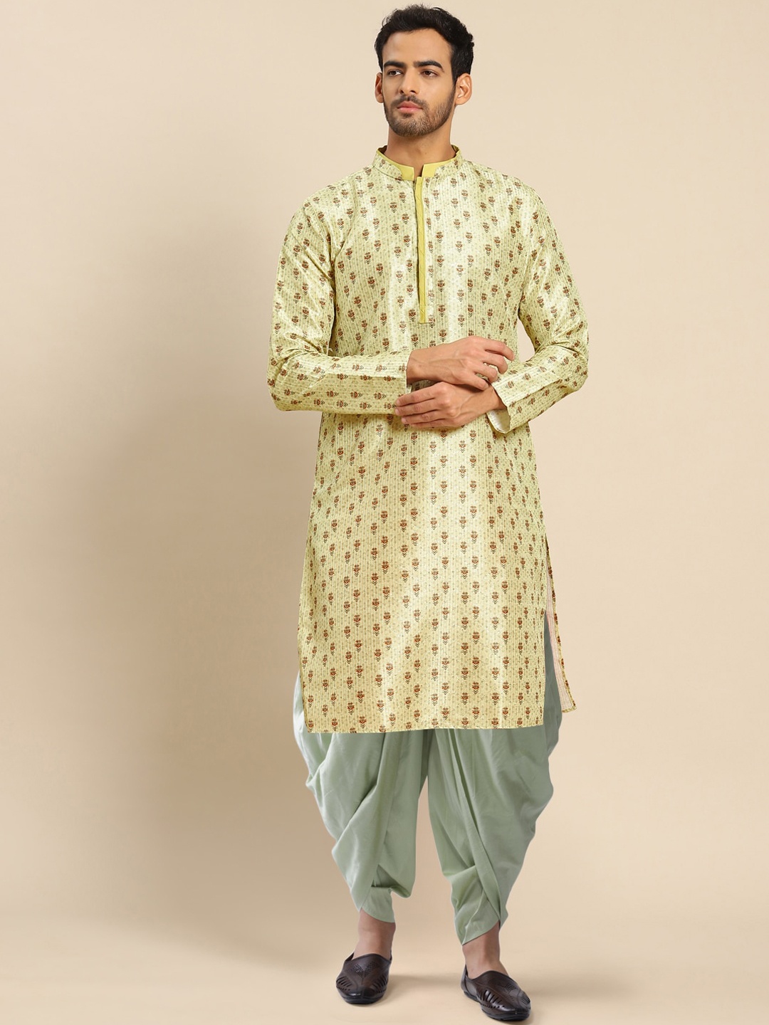 

KISAH Men Yellow Floral Printed Striped Kurta with Dhoti Pant