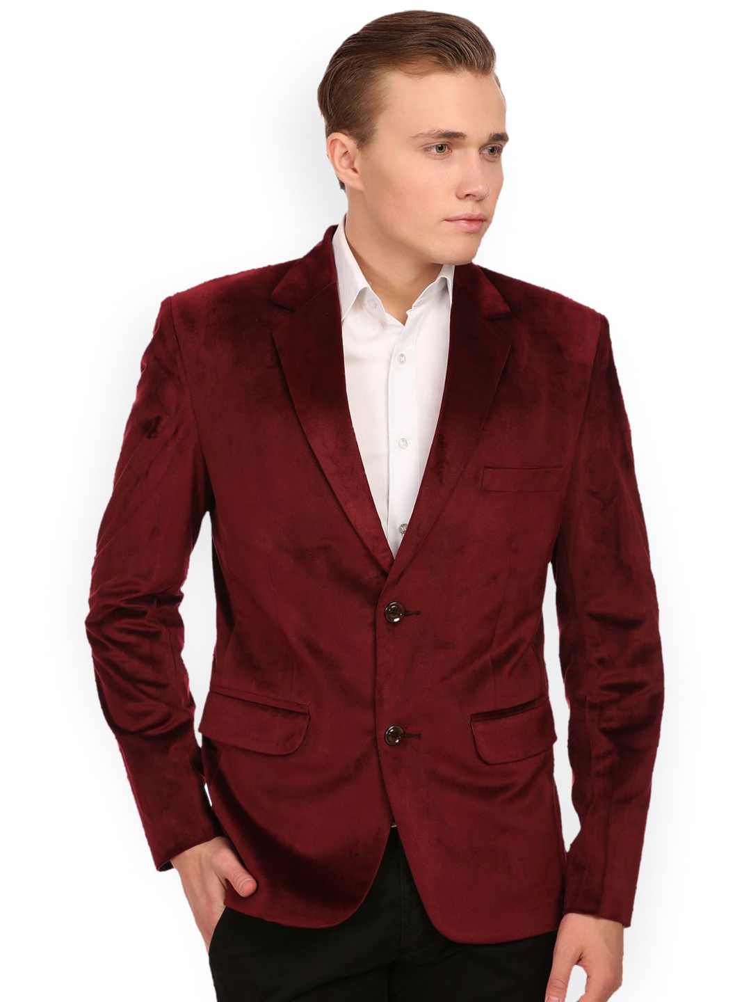 

Wintage Maroon Single-Breasted Cotton Velvet Tailored Fit Party Blazer