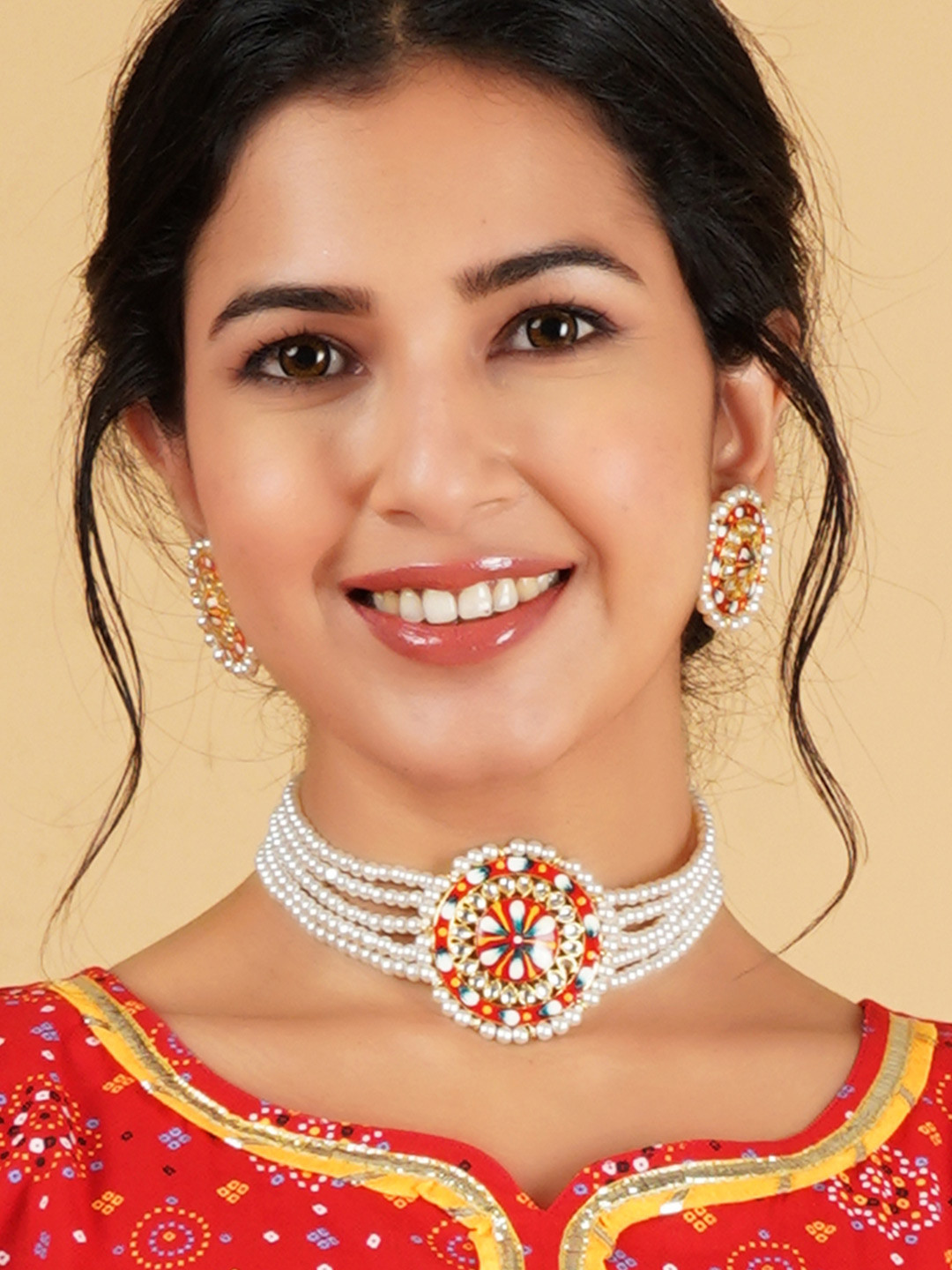 

Sanjog Gold-Plated & White Jaipur Kundan Enamel Stone Studded Pearl Layered Jewellery Set