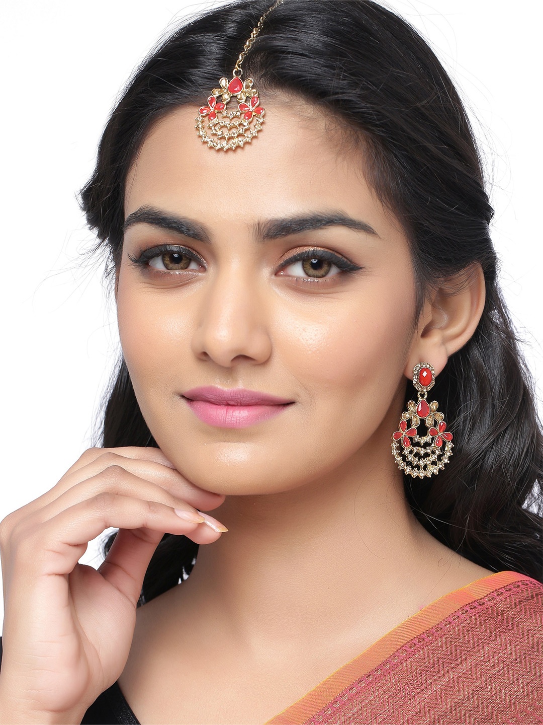 

Sanjog Gold-Plated Red Kundan Studded Maang Tikka with Earring Set