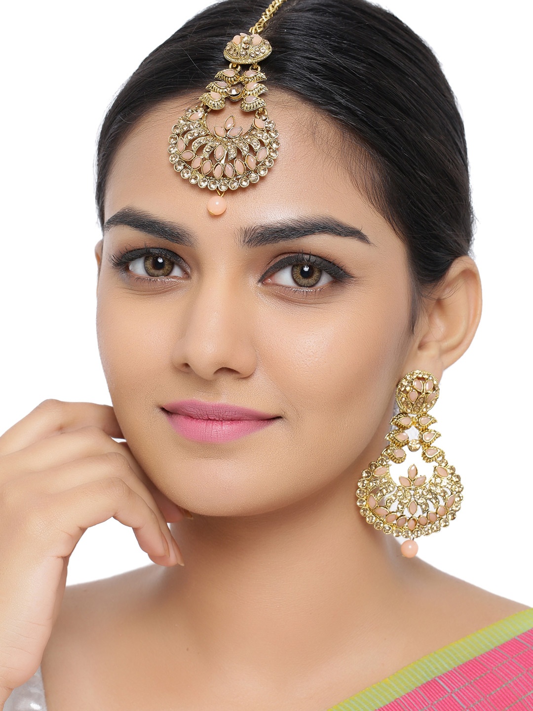 

Sanjog Women Gold-Plated & Mauve Kundan Studded Maang Tikka with Earring Set