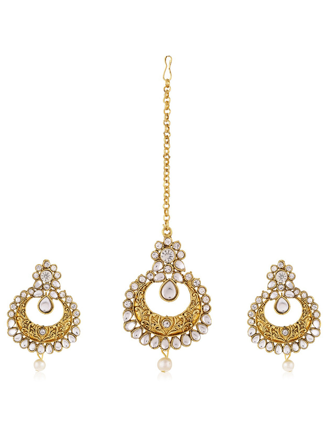 

Sanjog Women Gold-Plated & White Classic Kundan Maang Tikka with Earring Set