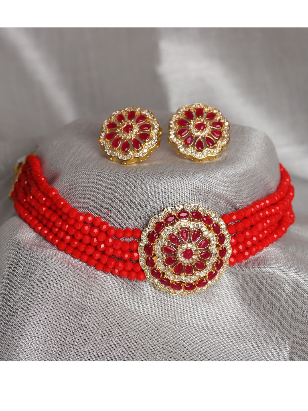 

Sanjog Women Gold-Plated & Red Jaipur Kundan Stone Studded & Beaded Jewellery Set