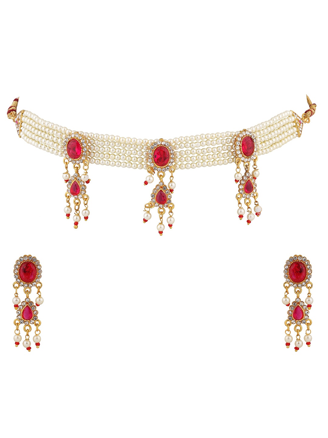 

Sanjog Gold-Plated White & Red Pearls Studded & Beaded Jaipur Choker Jewellery Set