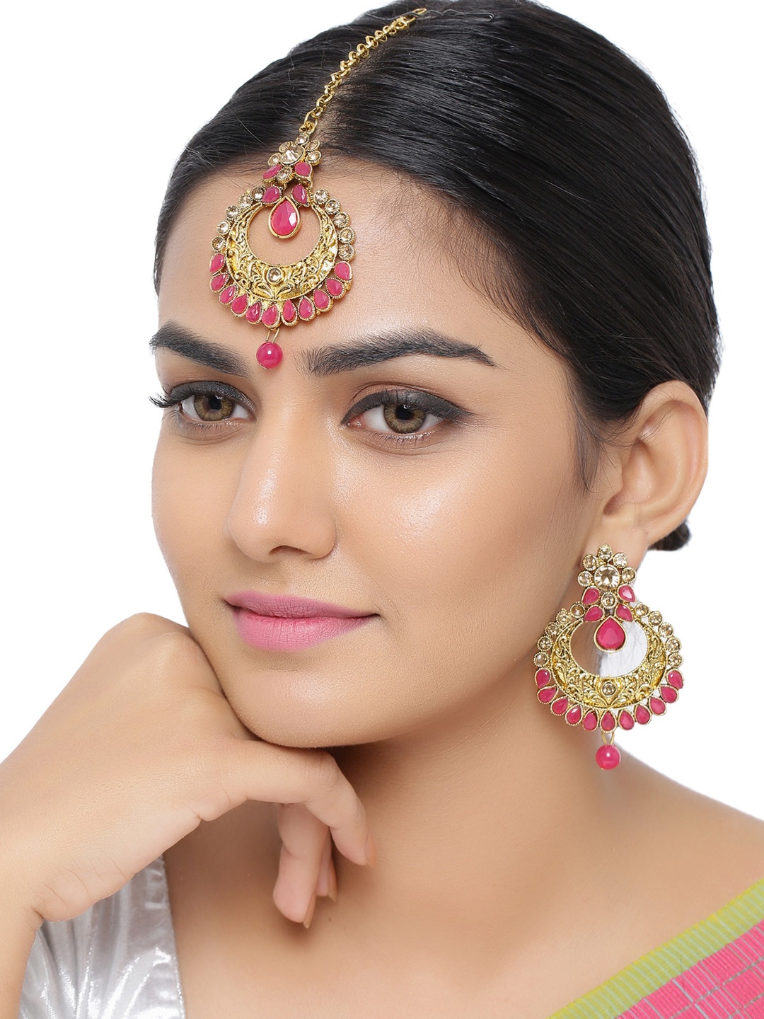 

Sanjog Gold-Plated Ruby Pink Kundan Studded Maang Tikka & Earrings Set