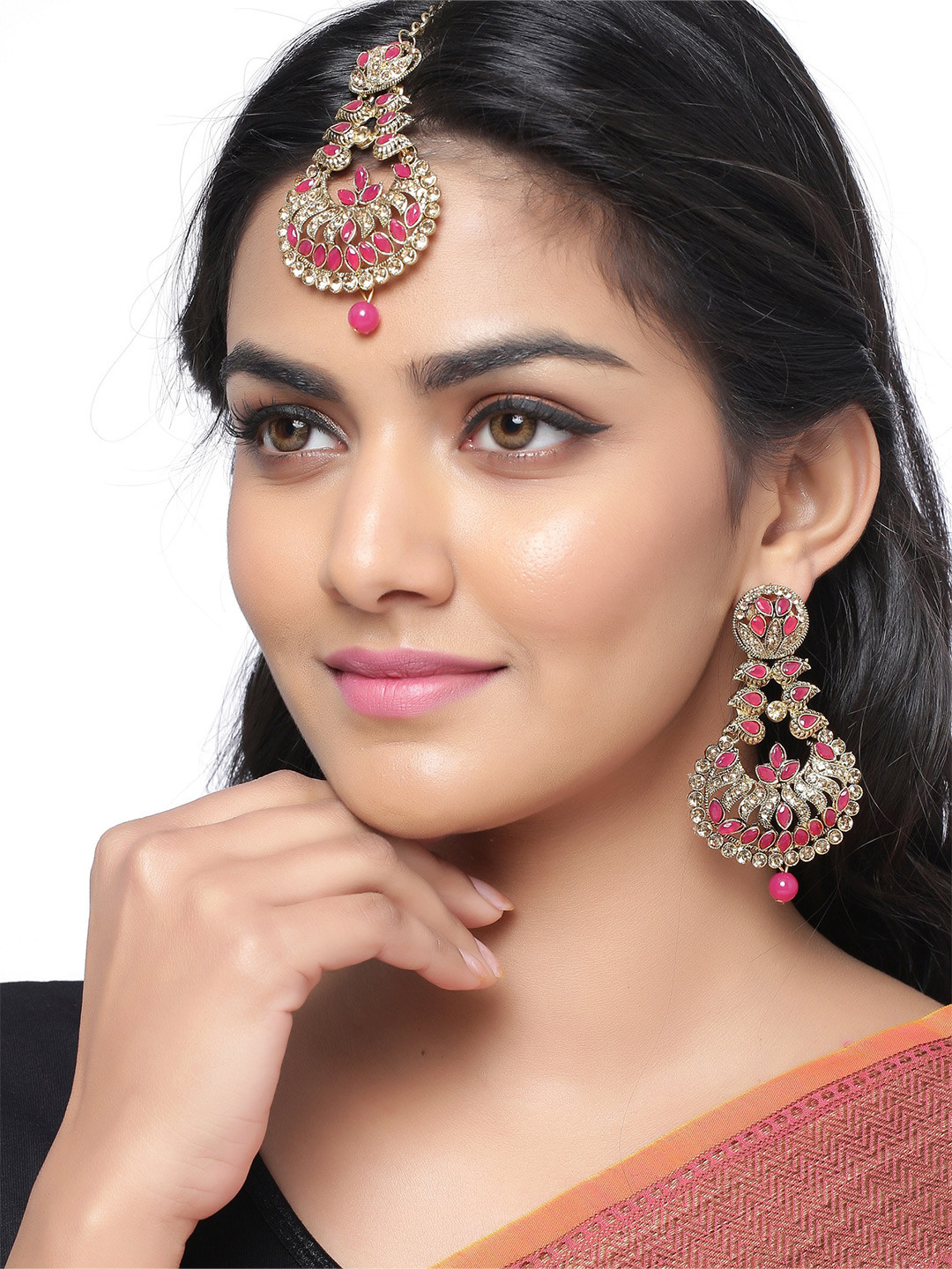 

Sanjog Women Gold-Plated Pink Kundan Stone-Studded Maangtikaa & Earrings Set