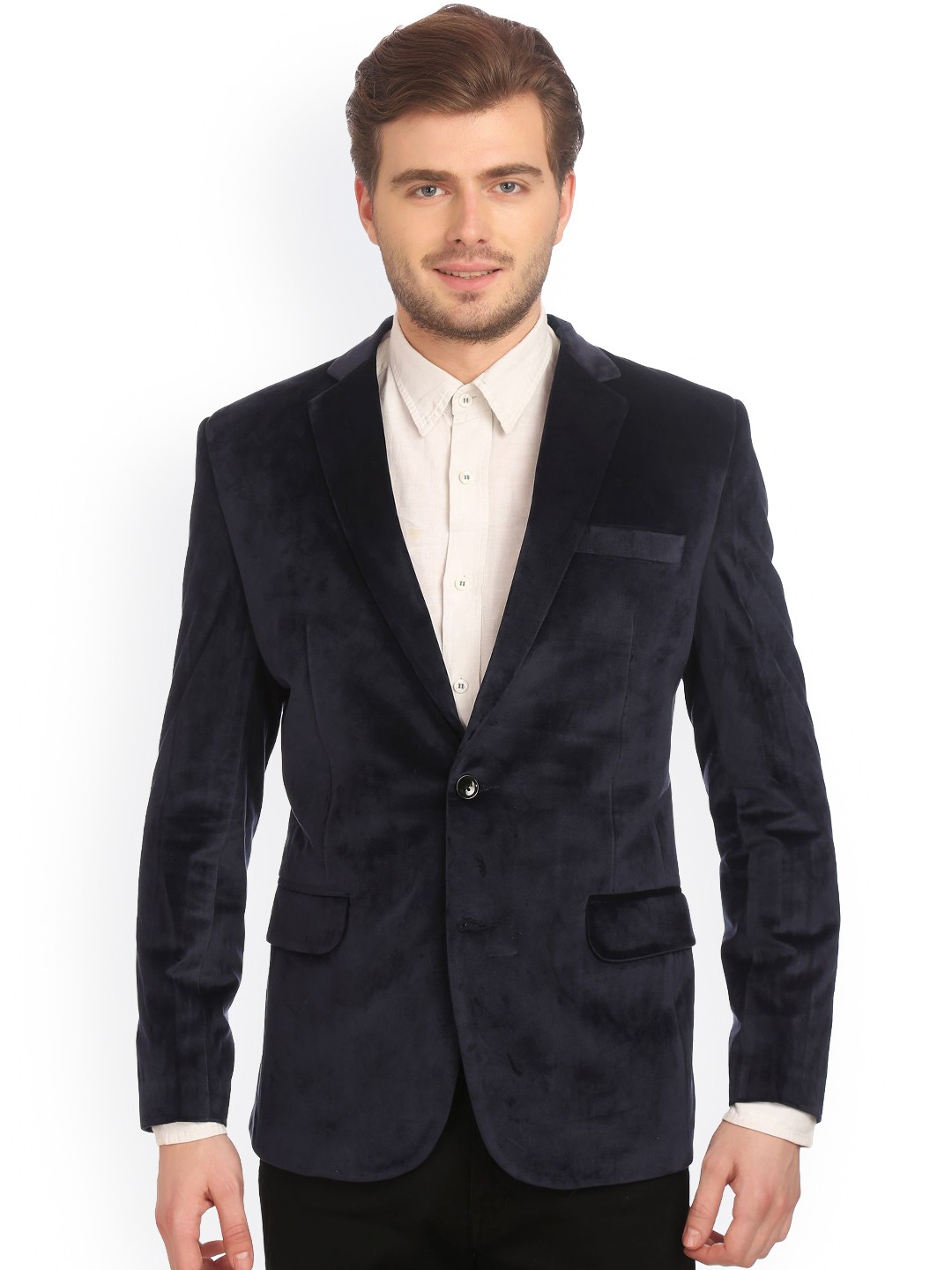 

Wintage Men Blue Single-Breasted Velvet Finish Tailored Fit Party Blazer