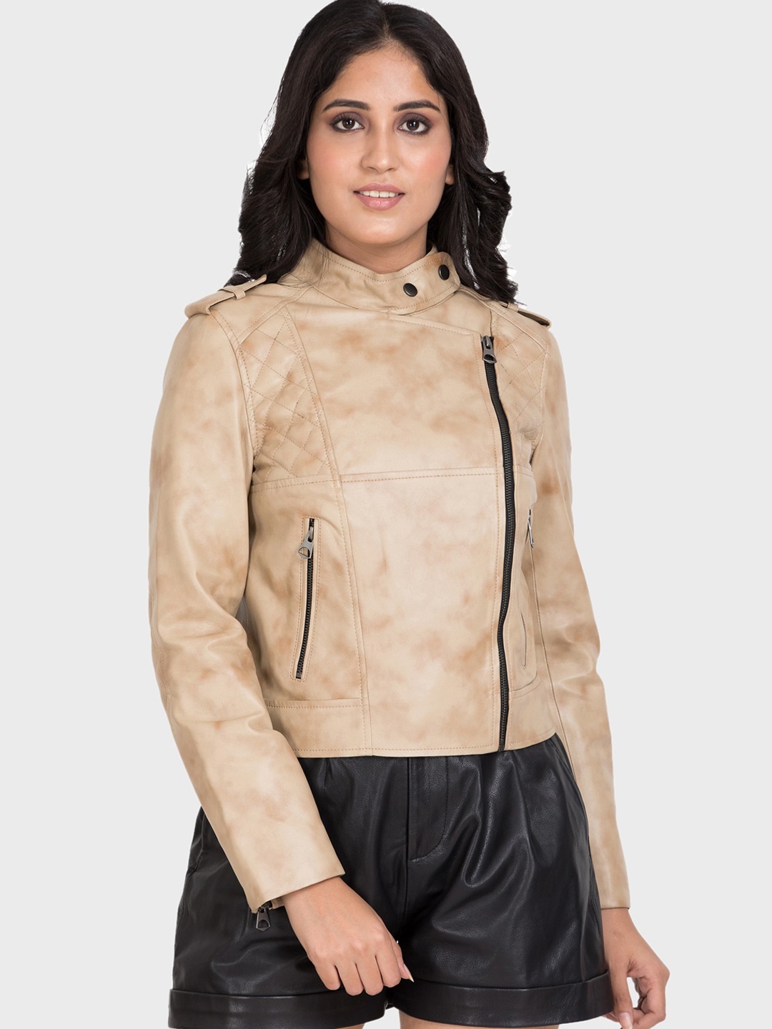 

Justanned Women Faux Leather Lightweight Crop Biker Jacket, Beige