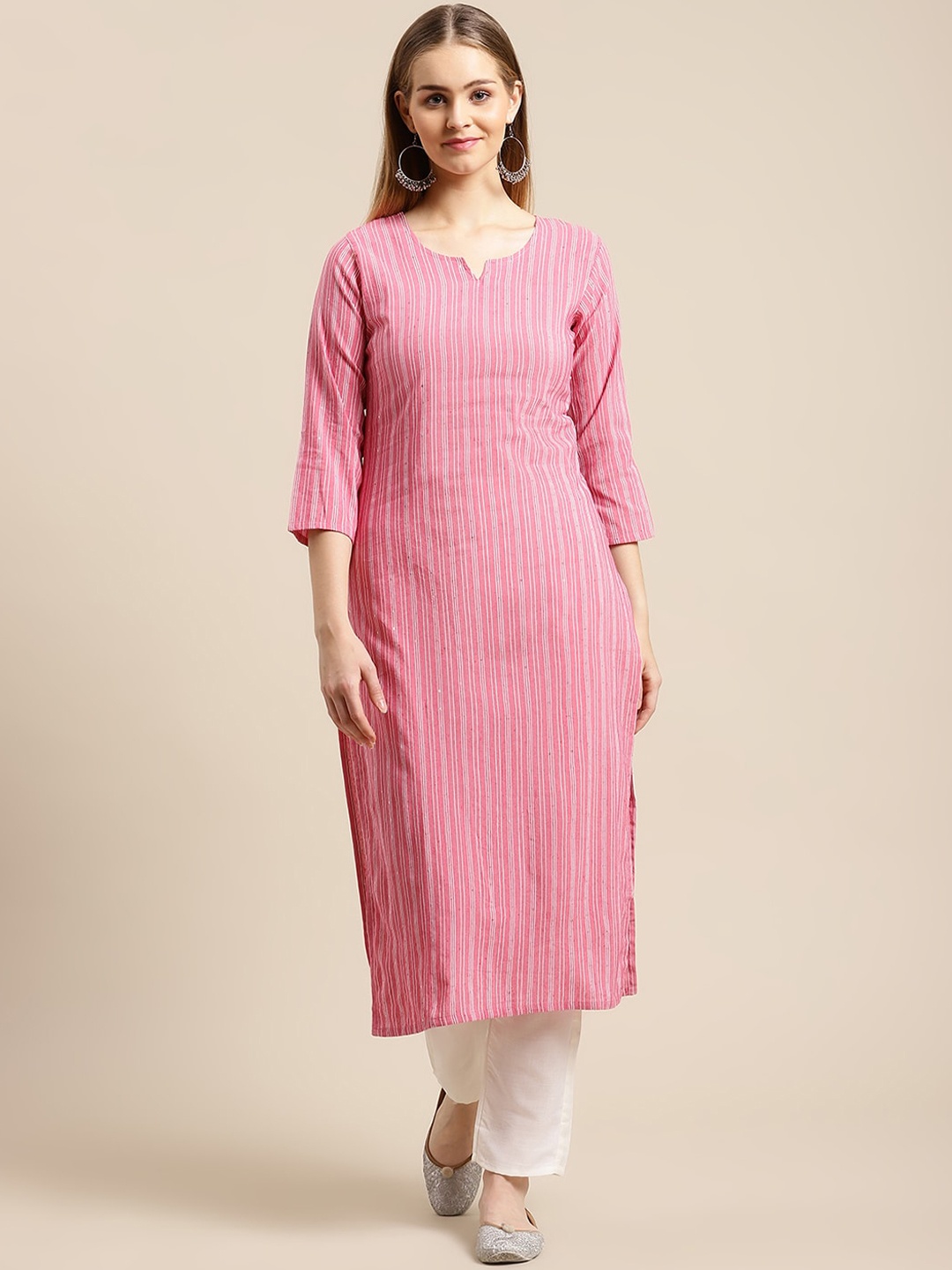 

GUNVANTI FAB Women Pink Striped Regular Sequinned Kurta with Trousers