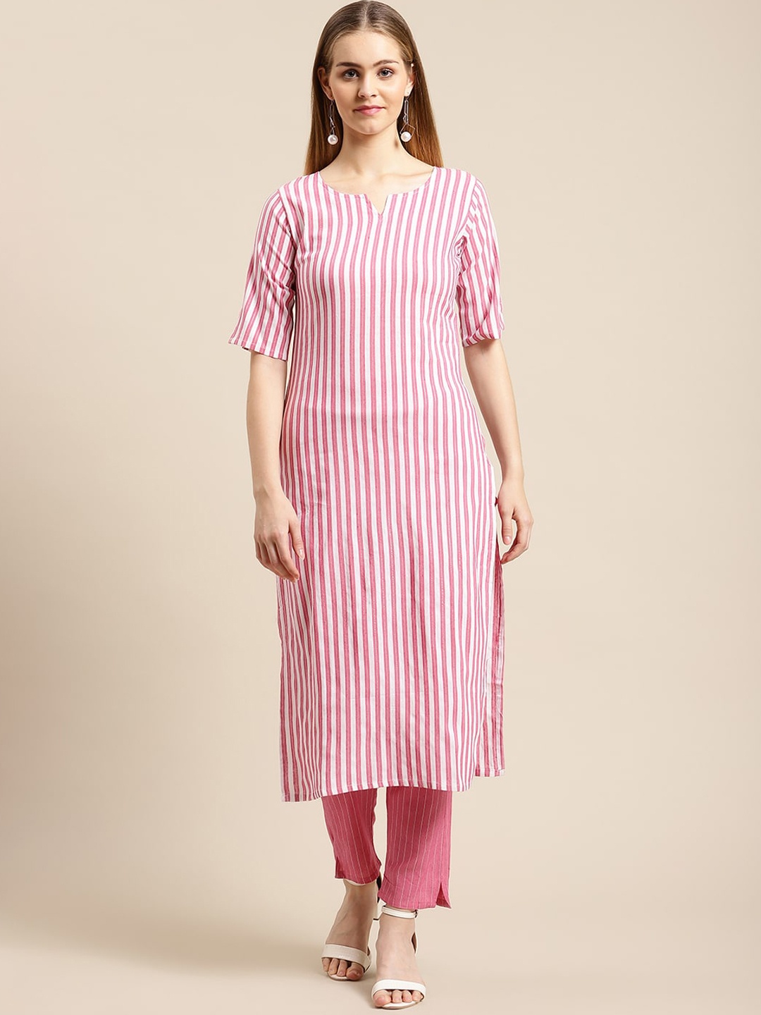 

GUNVANTI FAB Women Pink Striped Kurti with Trousers