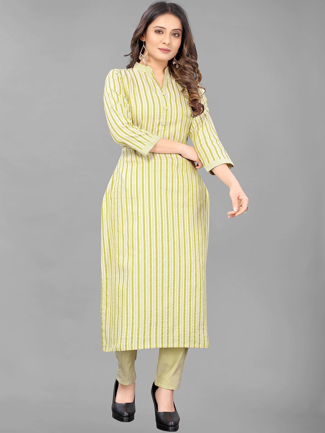 

GUNVANTI FAB Women Sea Green Striped Pure Cotton Kurta with Trousers