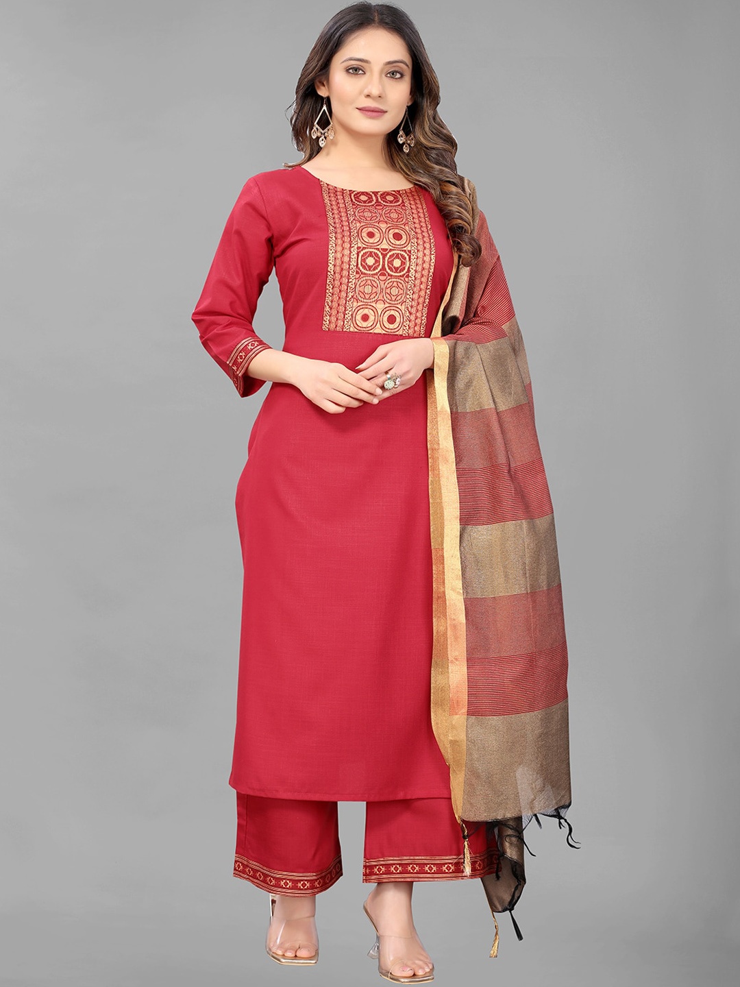 

GUNVANTI FAB Women Maroon Yoke Design Kurta with Palazzos & With Dupatta