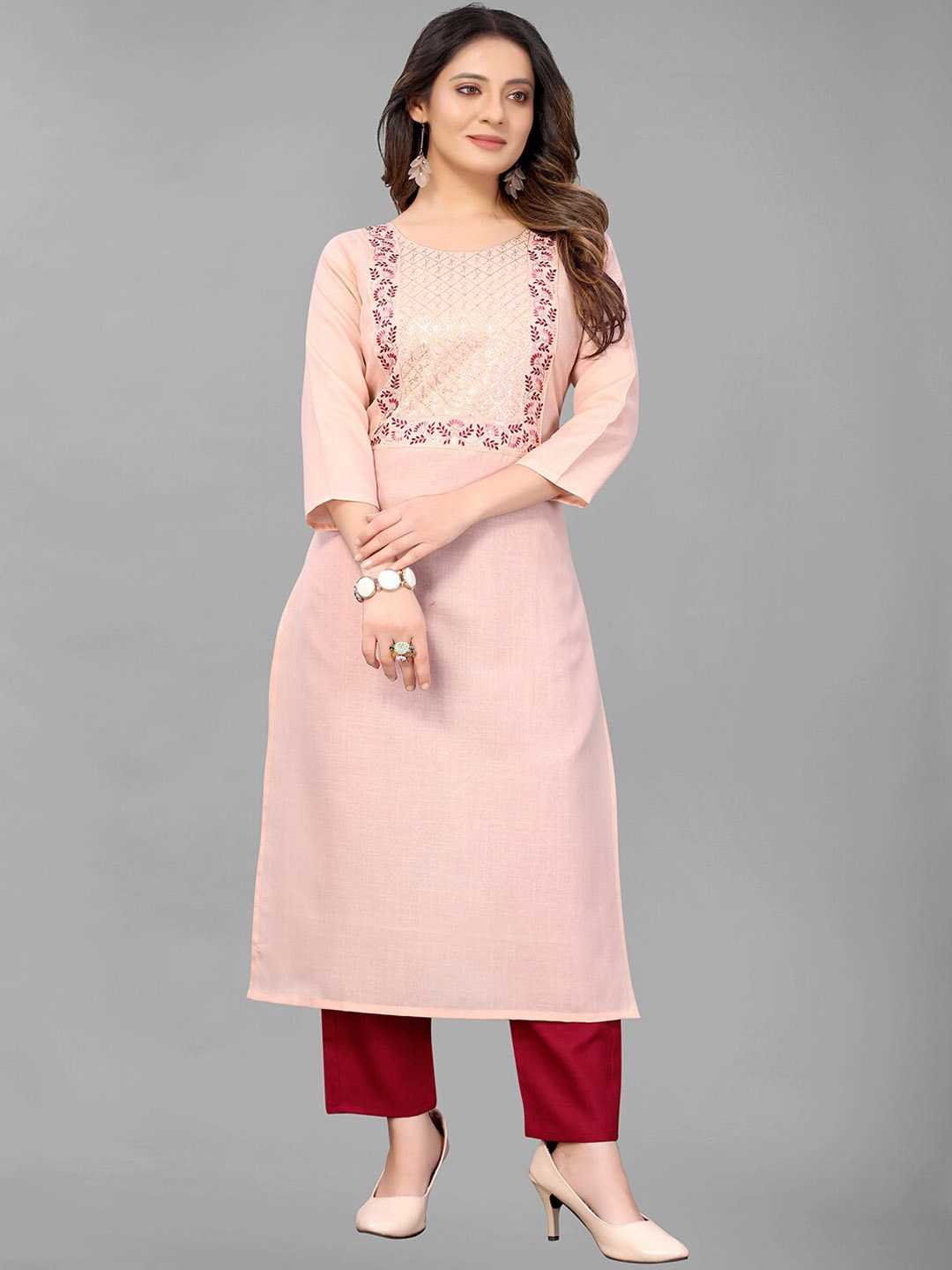 

GUNVANTI FAB Women Peach-Coloured Floral Yoke Design Thread Work Kurta with Trousers