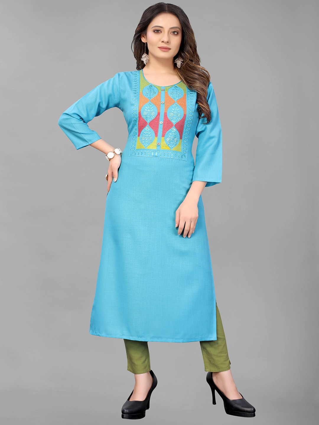 

GUNVANTI FAB Women Turquoise Blue Yoke Design Sequinned Kurti with Trousers