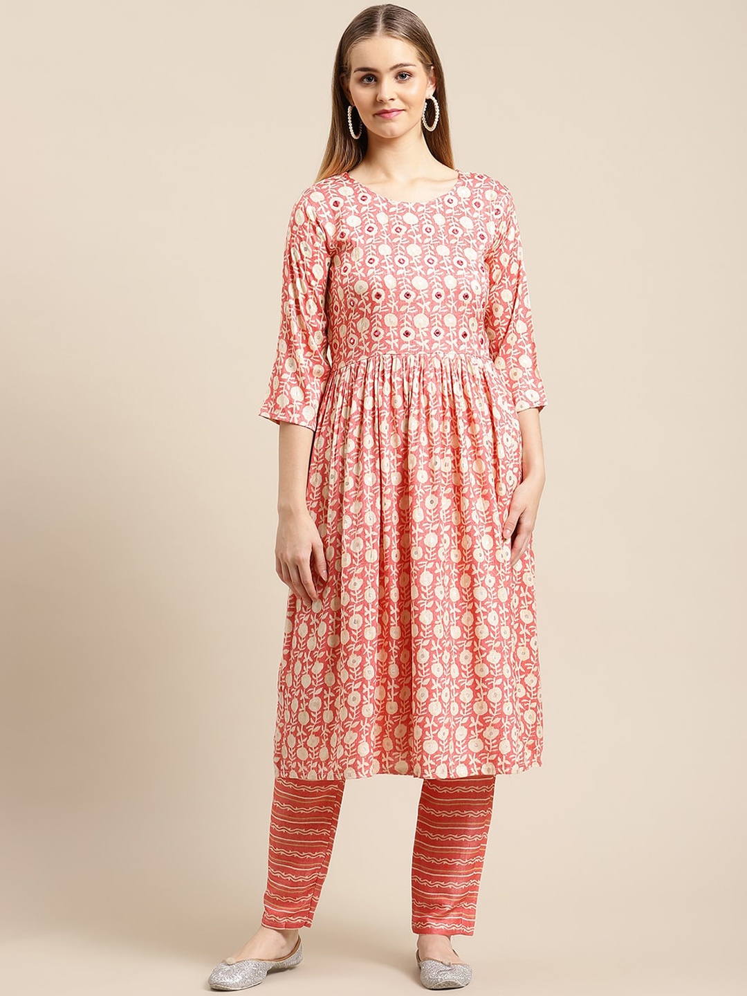 

GUNVANTI FAB Women Pink Printed Pleated Mirror Work Pure Cotton Kurti with Trousers