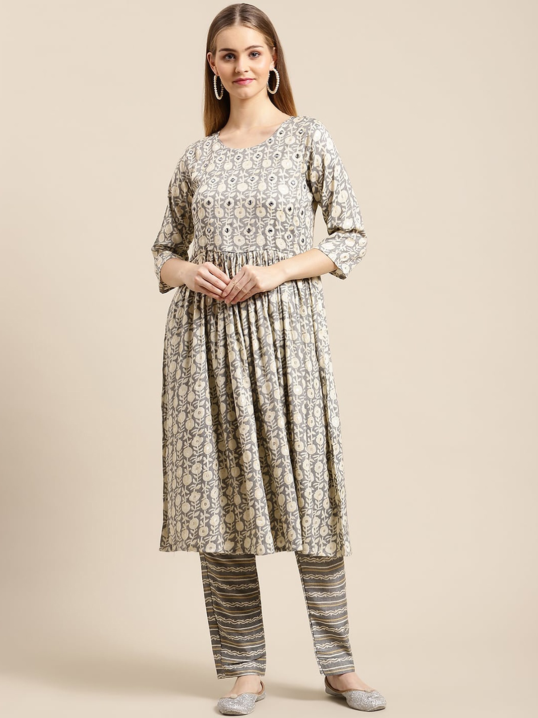 

GUNVANTI FAB Women Grey Printed Pleated Mirror Work Pure Cotton Kurta with Trousers