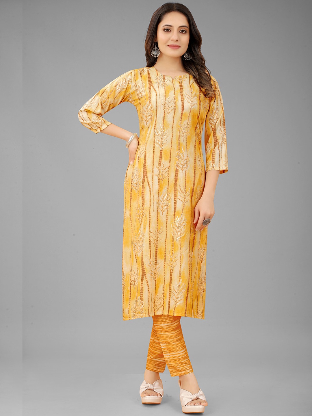 

GUNVANTI FAB Women Yellow Striped Pure Cotton Kurta with Trousers