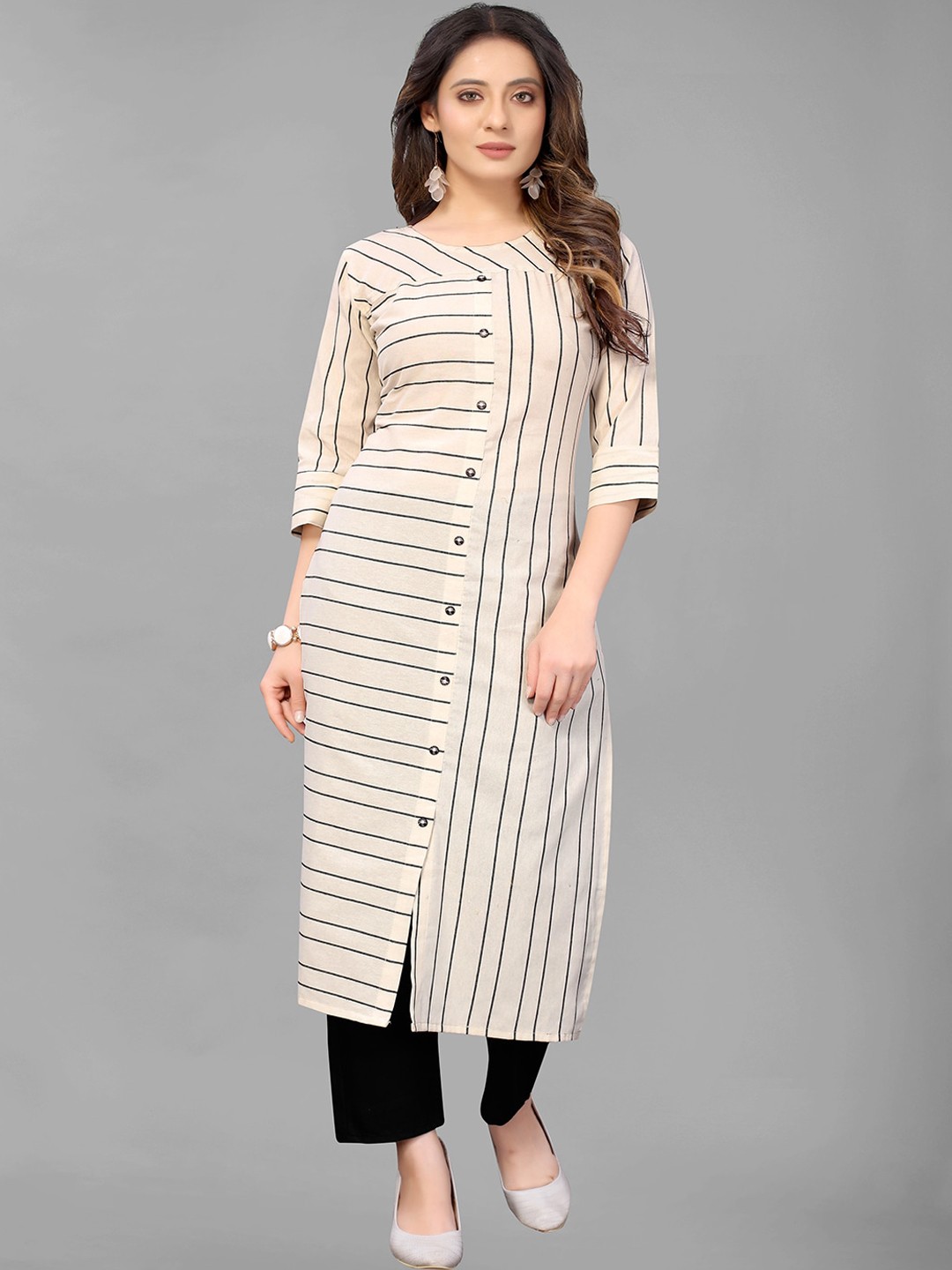 

GUNVANTI FAB Women Cream-Coloured Striped Kurta with Trousers