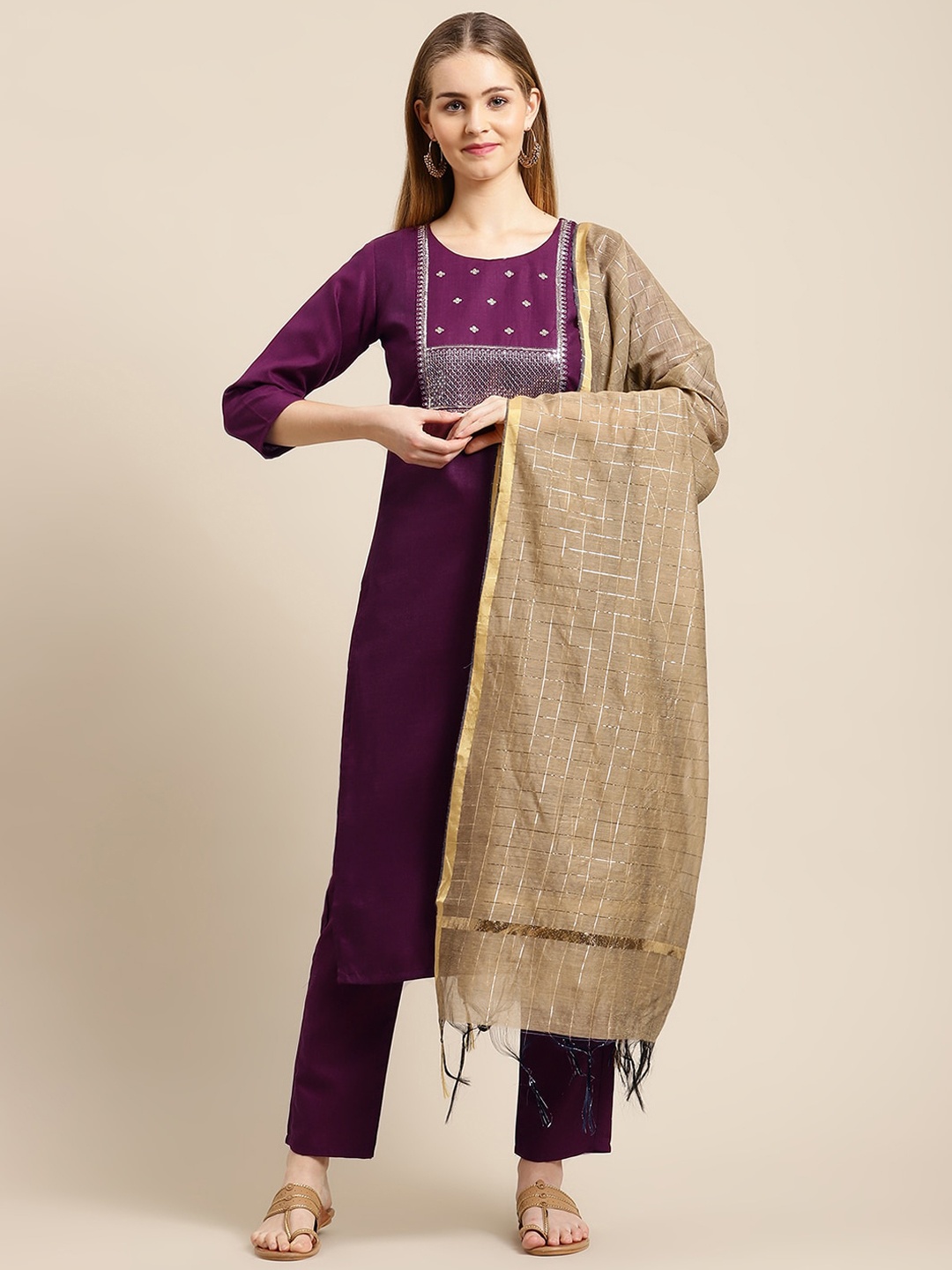 

GUNVANTI FAB Women Purple Embroidered Panelled Sequinned Kurti with Trousers & With Dupatta