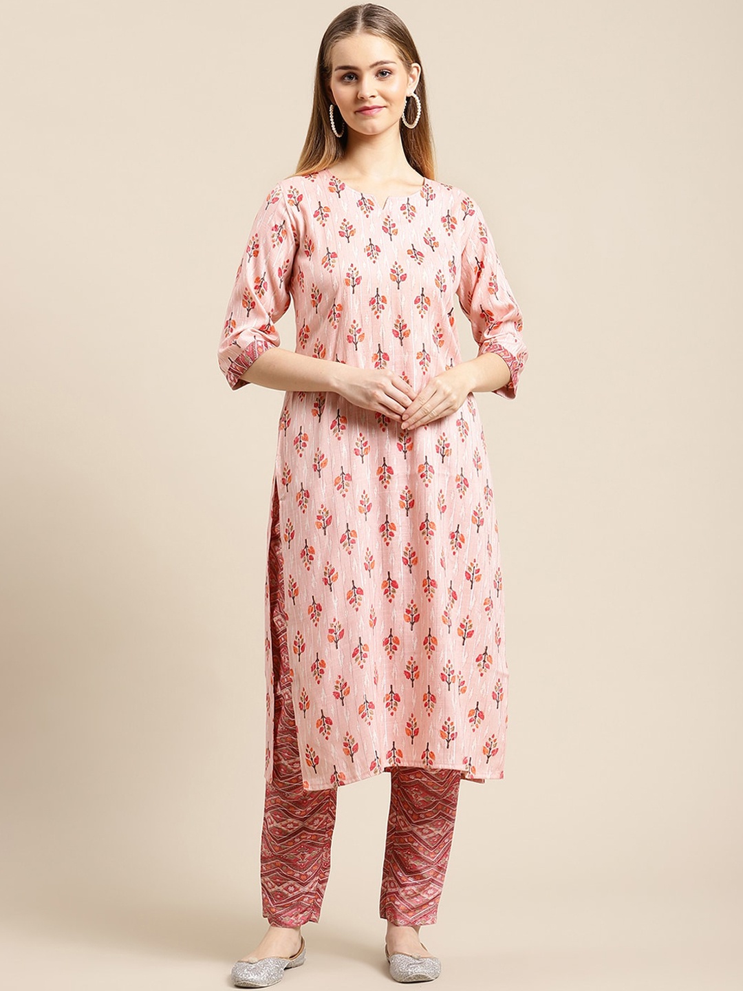 

GUNVANTI FAB Women Pink Ethnic Motifs Printed Pure Cotton Kurta with Trousers