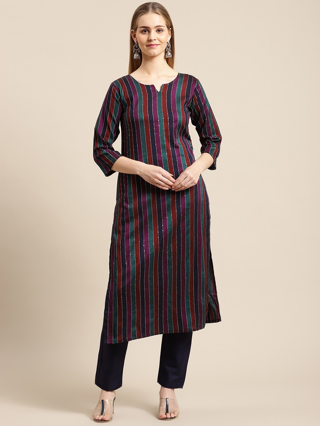 

GUNVANTI FAB Women Multicoloured Striped Sequinned Kurta with Trousers, Multi