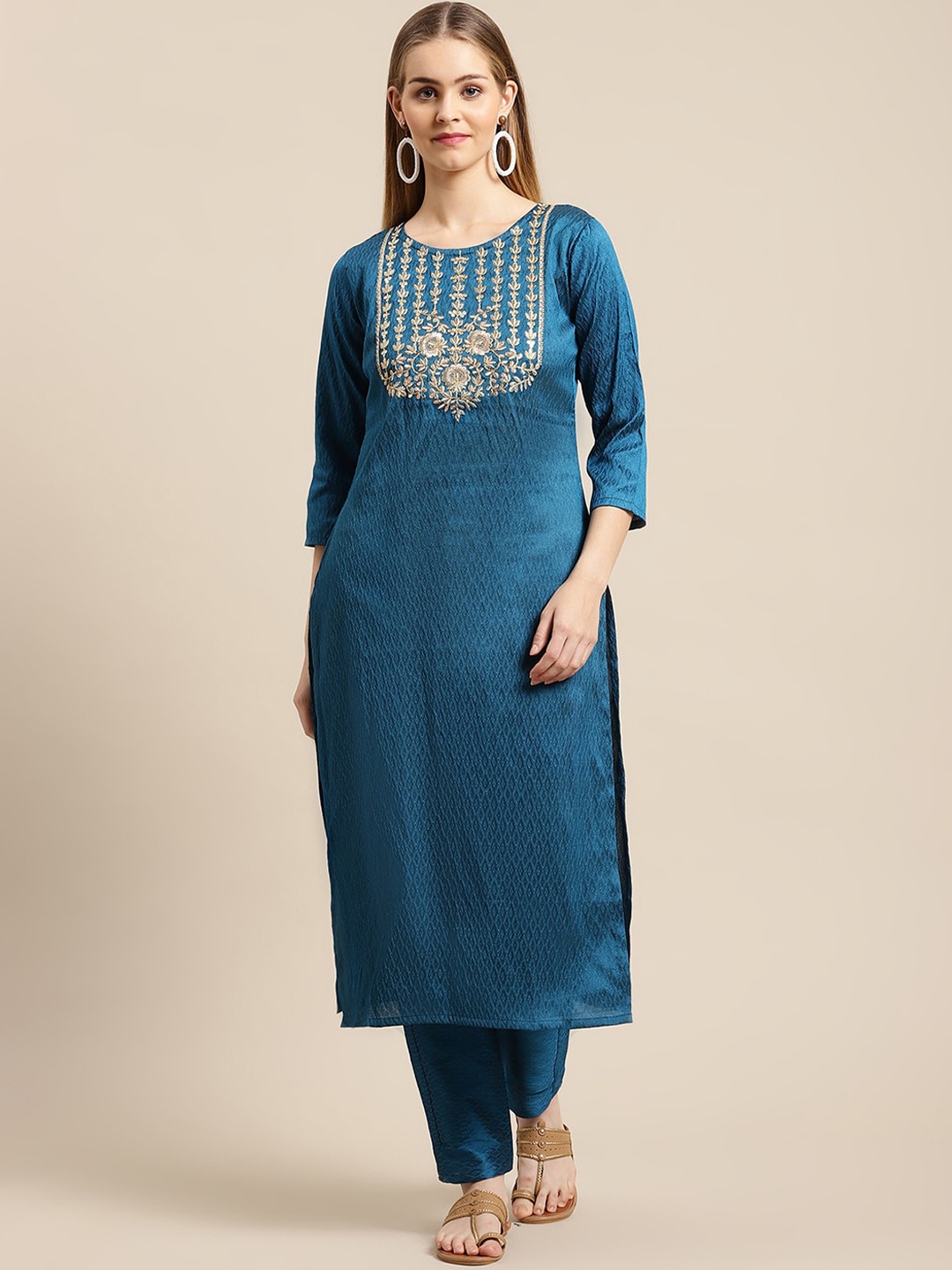 

GUNVANTI FAB Women Blue Yoke Design Thread Work Kurta with Trouser