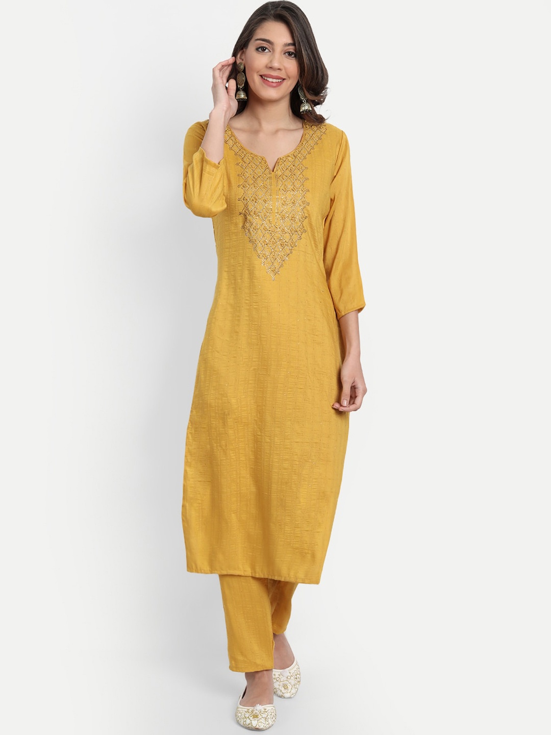 

GUNVANTI FAB Women Yellow Embroidered Beads and Stones Pure Cotton Kurta with Trousers