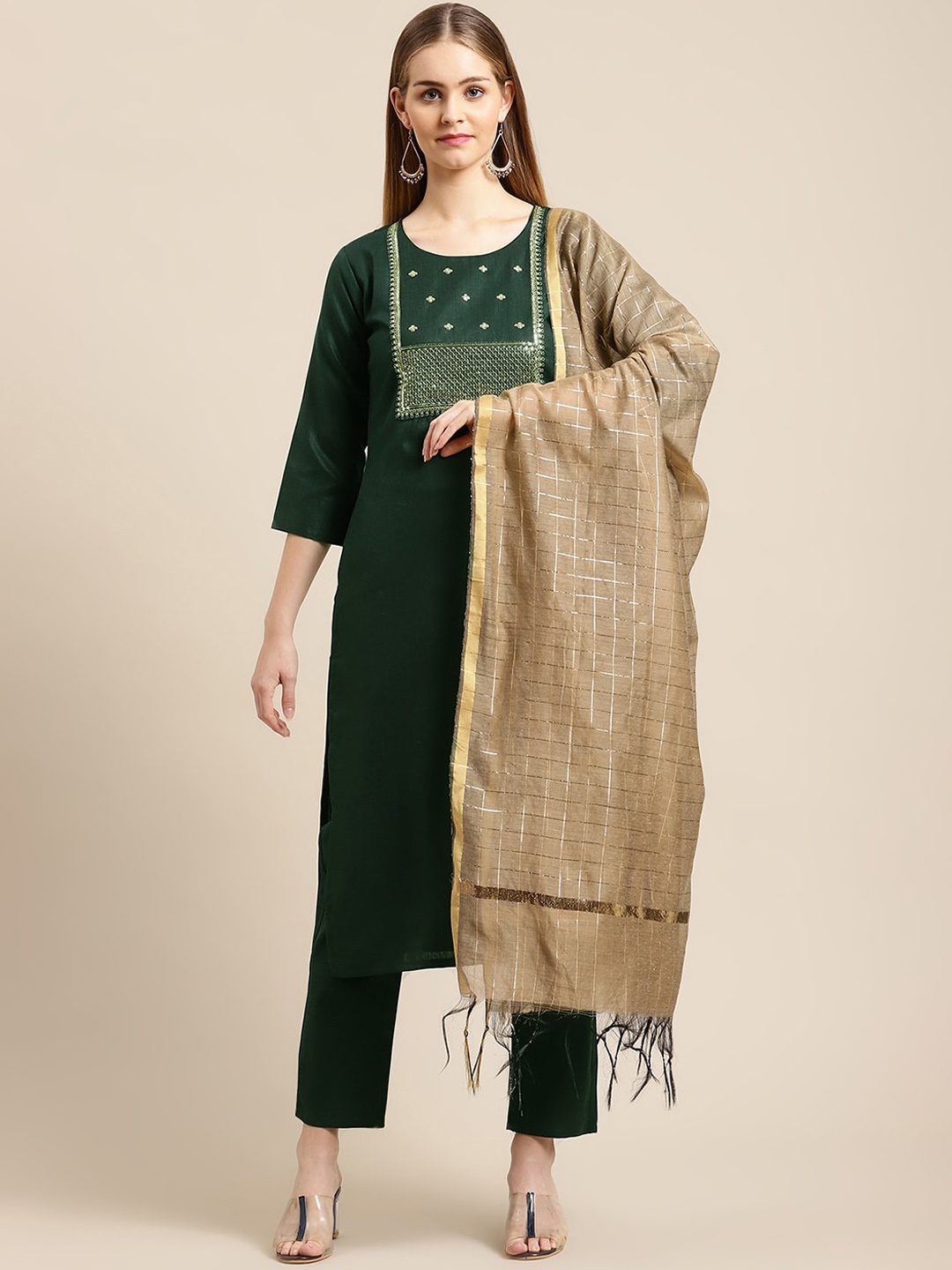 

GUNVANTI FAB Women Green Sequinned Kurti with Trousers & With Dupatta