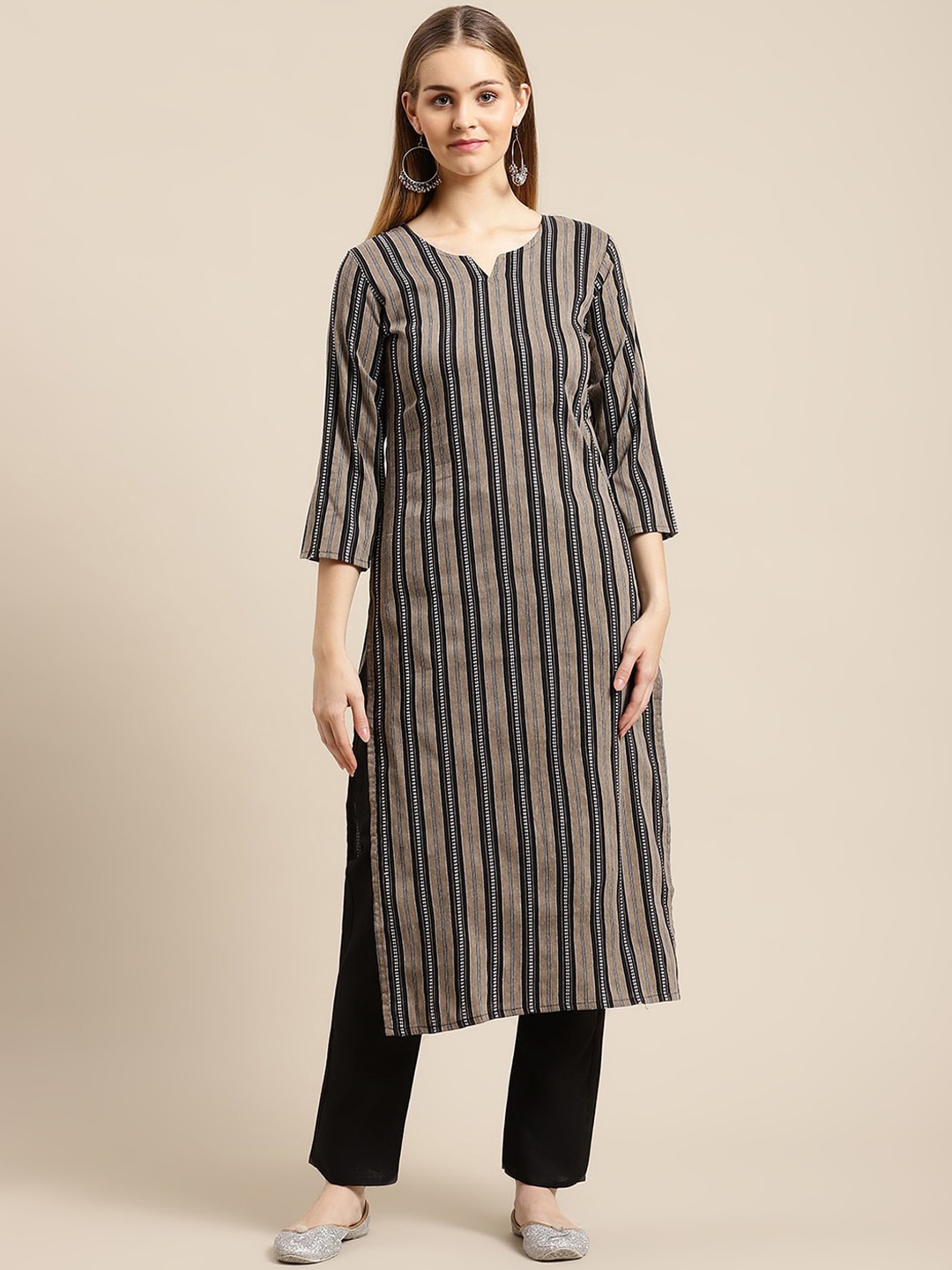 

GUNVANTI FAB Women Black Striped Kurta with Trousers