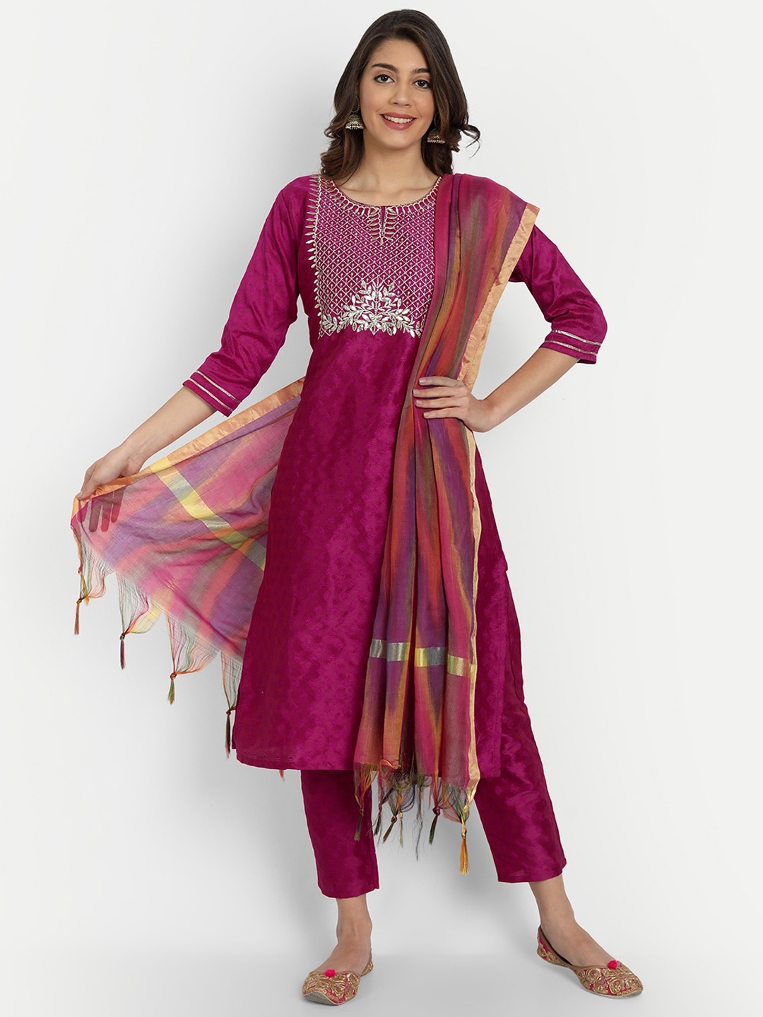 

GUNVANTI FAB Women Magenta Embroidered Sequinned Kurta with Trousers & With Dupatta