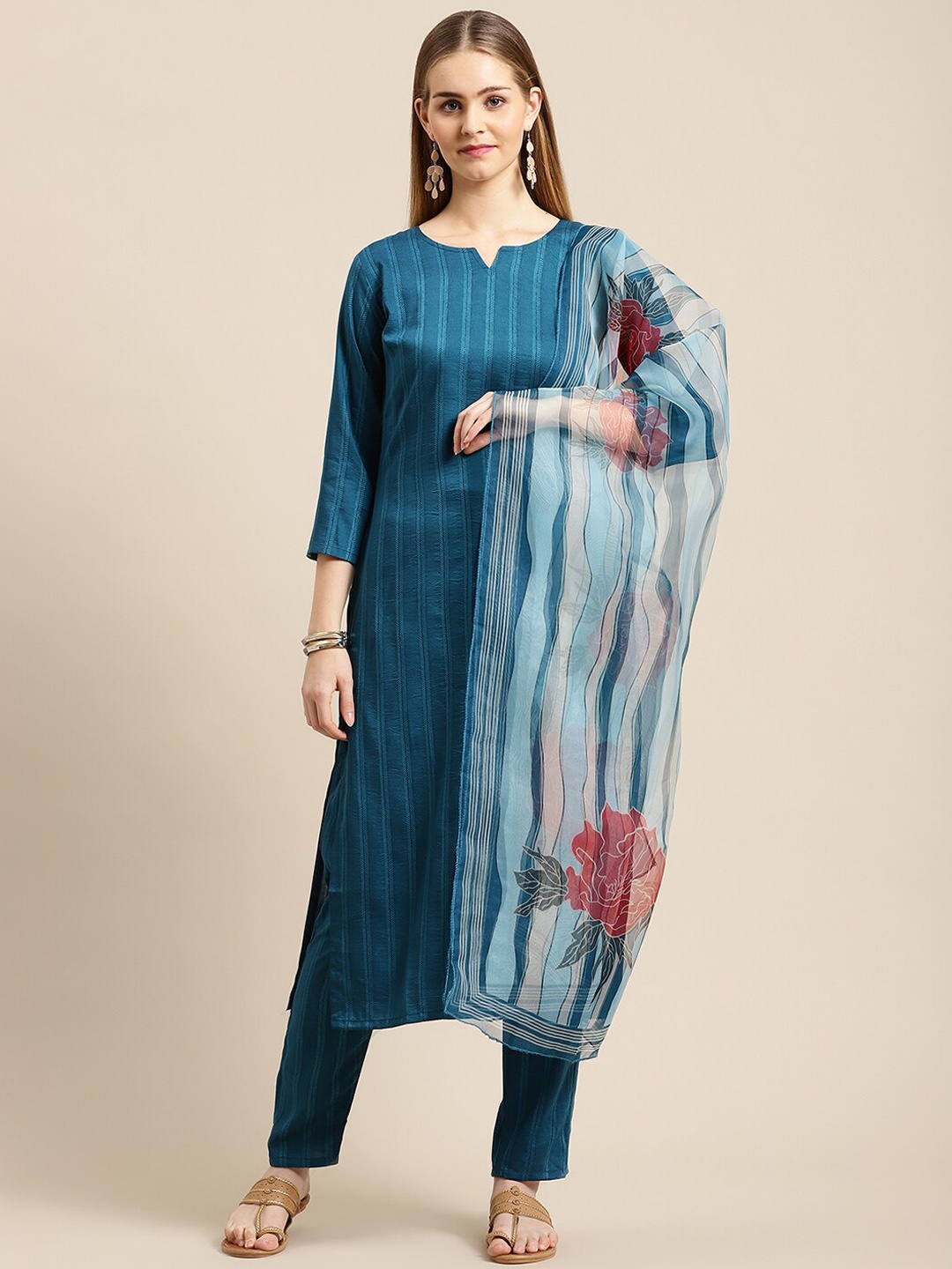 

GUNVANTI FAB Women Blue Striped Kurta with Trousers & With Dupatta