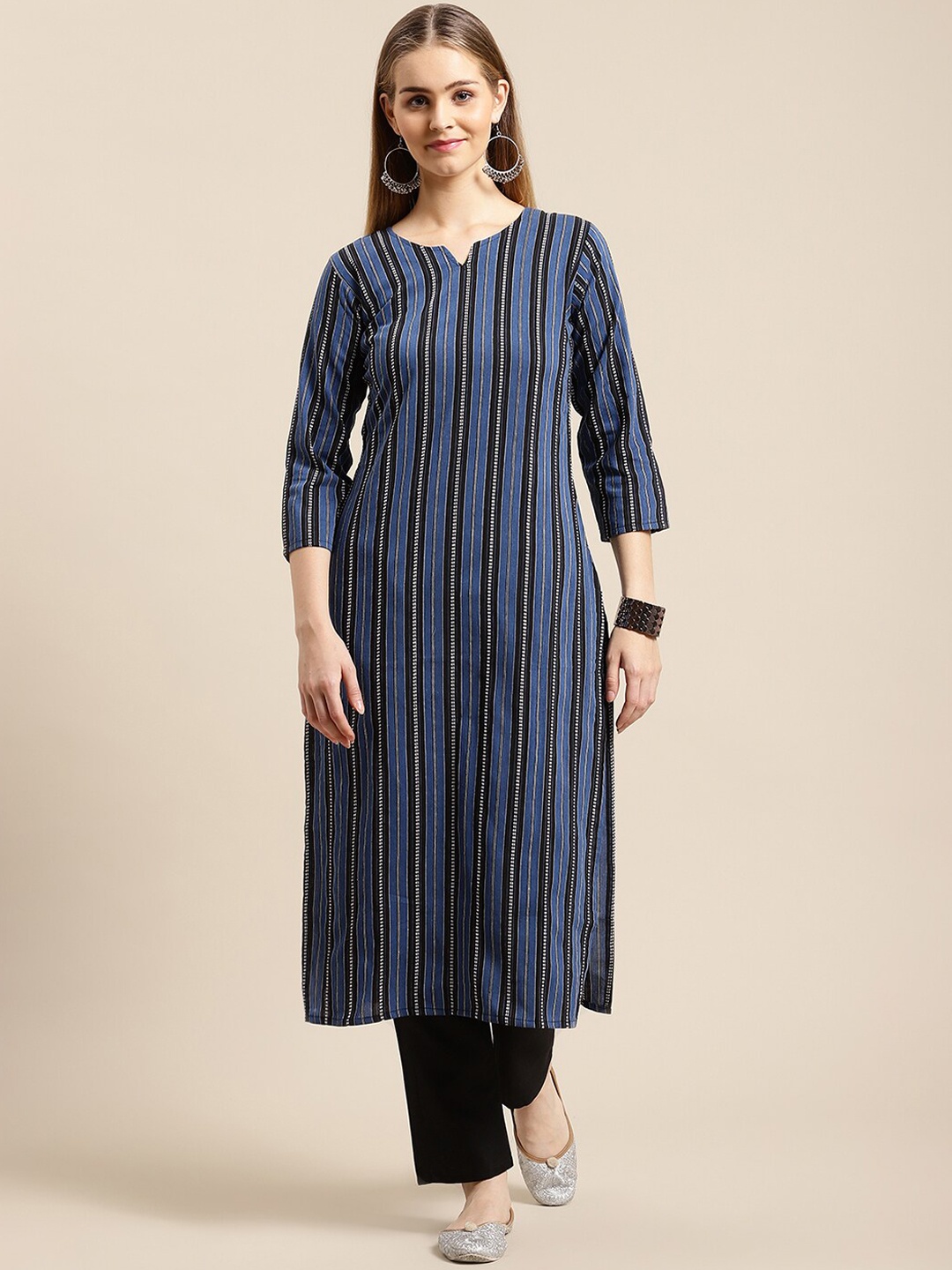 

GUNVANTI FAB Women Black Striped Kurta with Trousers