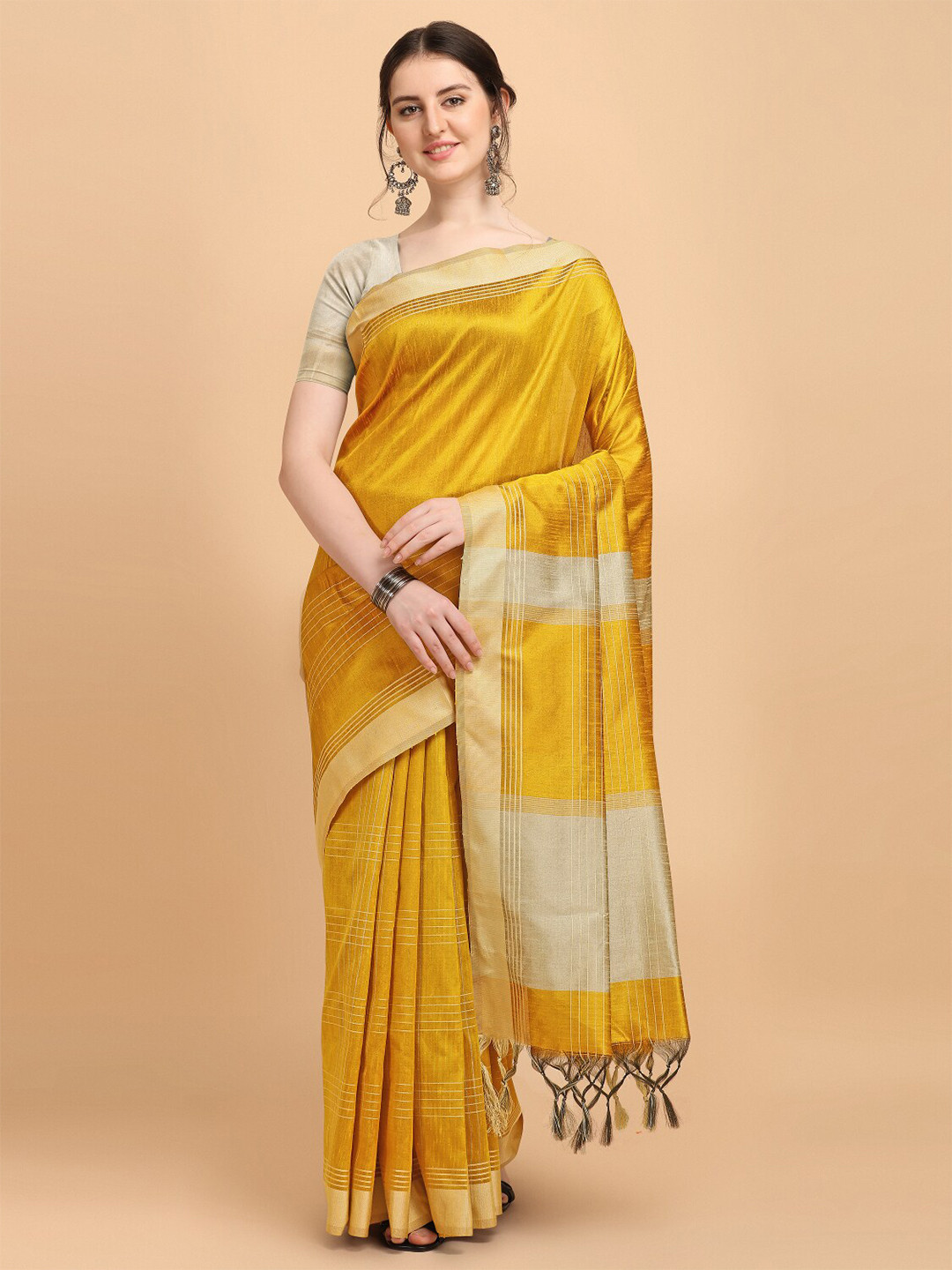 

VISHNU WEAVES Yellow & Cream-Coloured Striped Bhagalpuri Saree