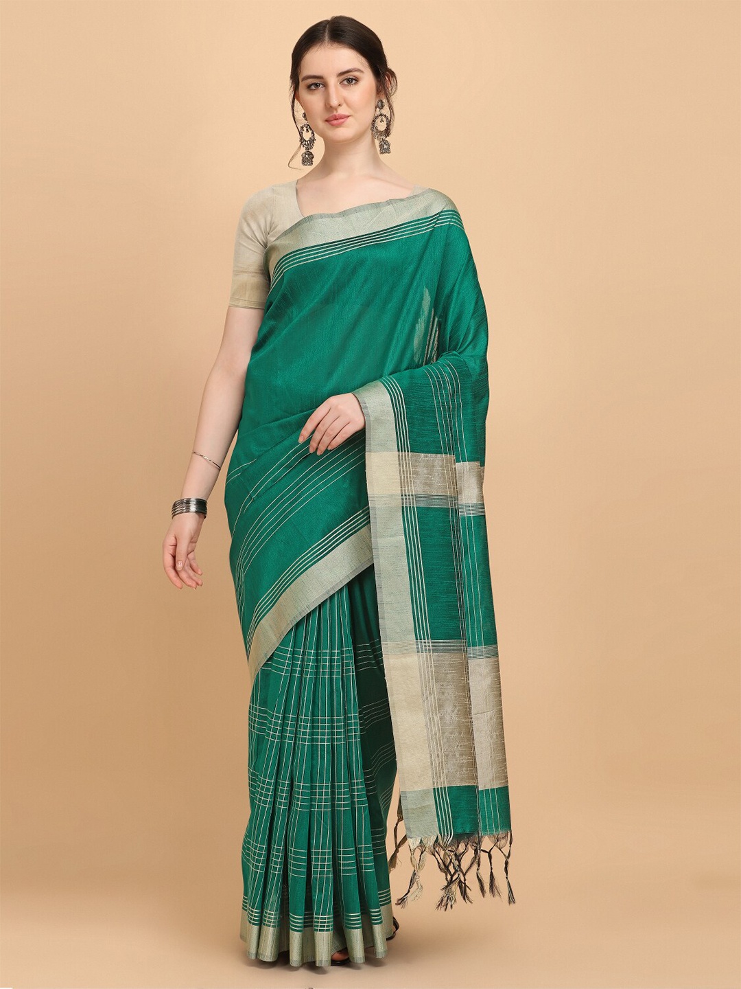 

VISHNU WEAVES Teal Green & Beige Striped Bhagalpuri Saree