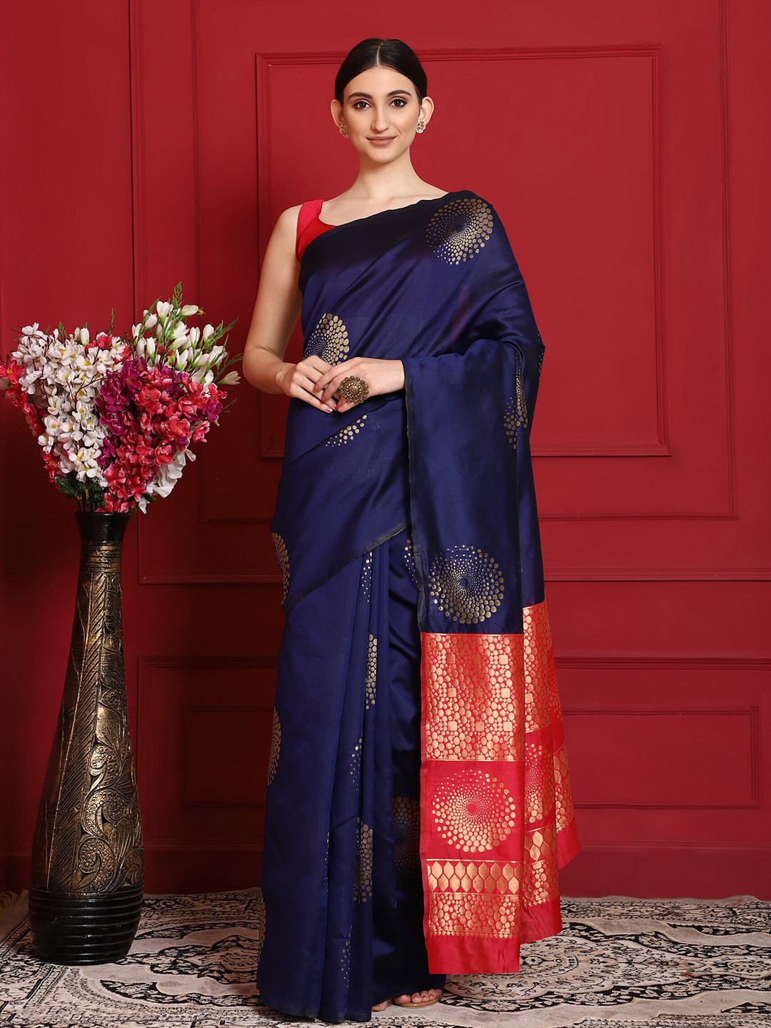 

Glemora Navy Blue & Red Woven Design Zari Silk Blend Banarasi Saree