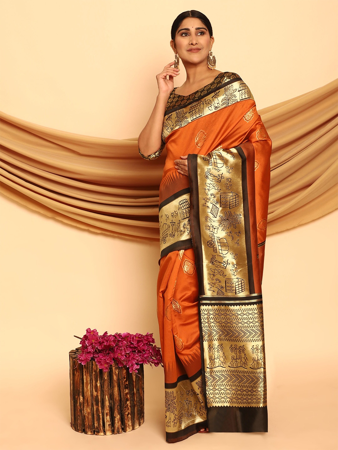 

Glemora Orange & Brown Woven Design Zari Silk Blend Kanjeevaram Saree