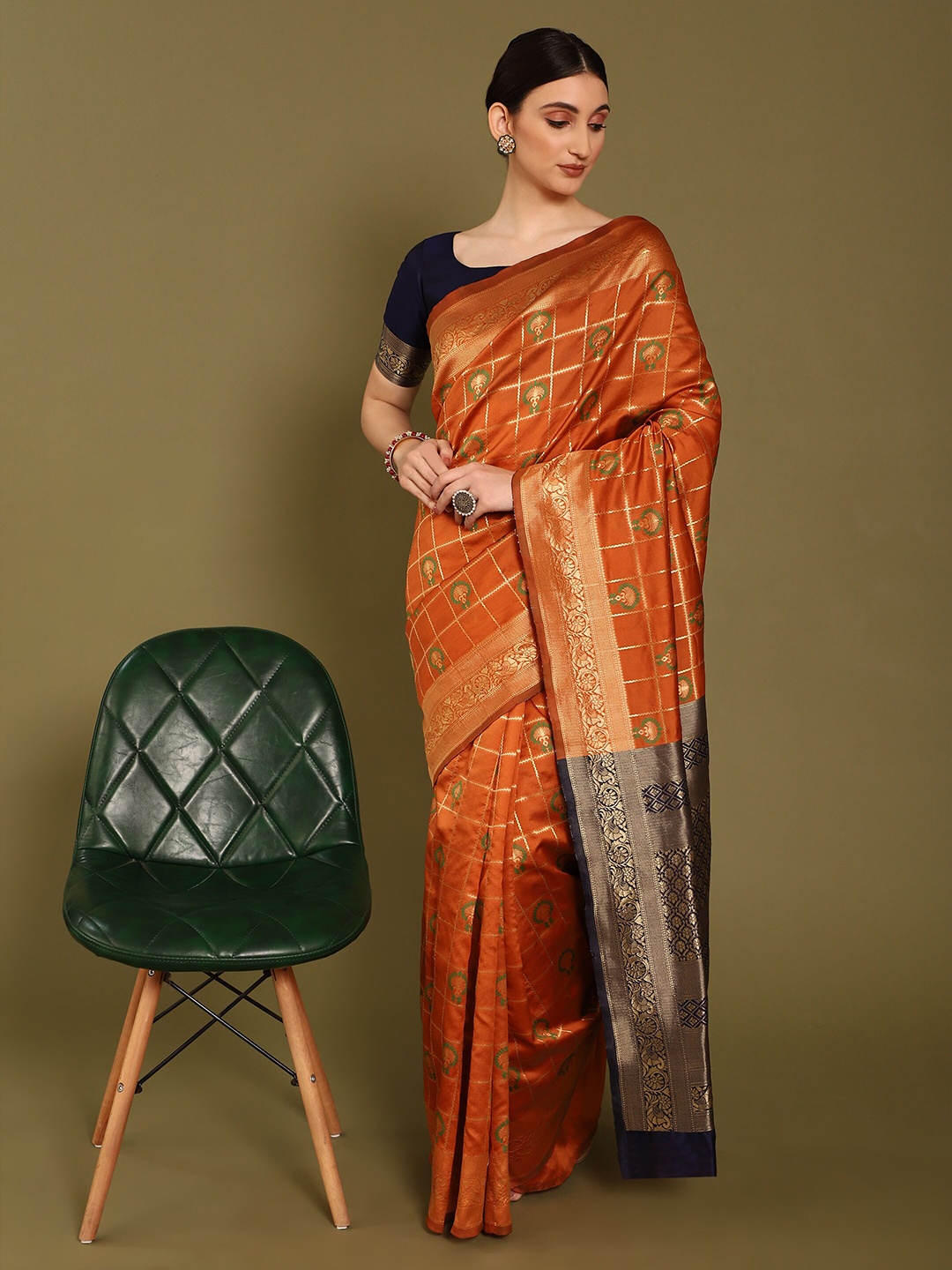 

Glemora Orange & Navy Blue Woven Design Zari Silk Blend Kanjeevaram Saree