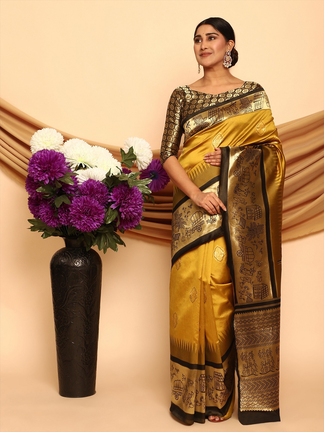 

Glemora Yellow & Brown Woven Design Zari Silk Blend Kanjeevaram Saree