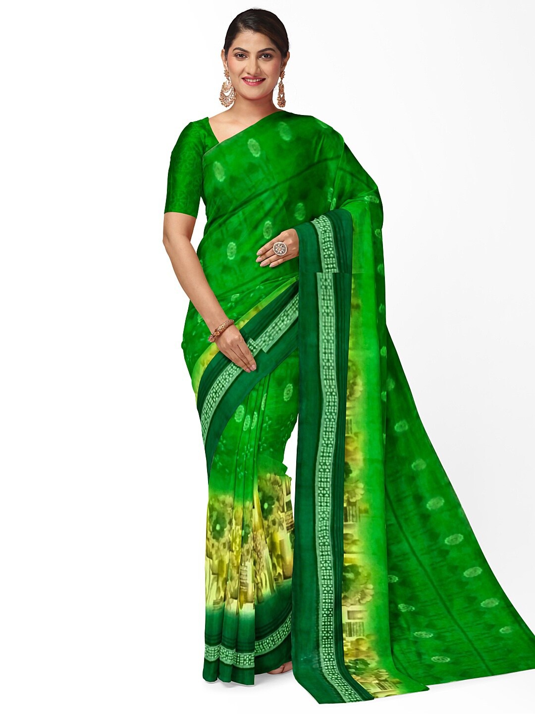 KALINI Green & Yellow Floral Pure Georgette Fusion Dharmavaram Saree