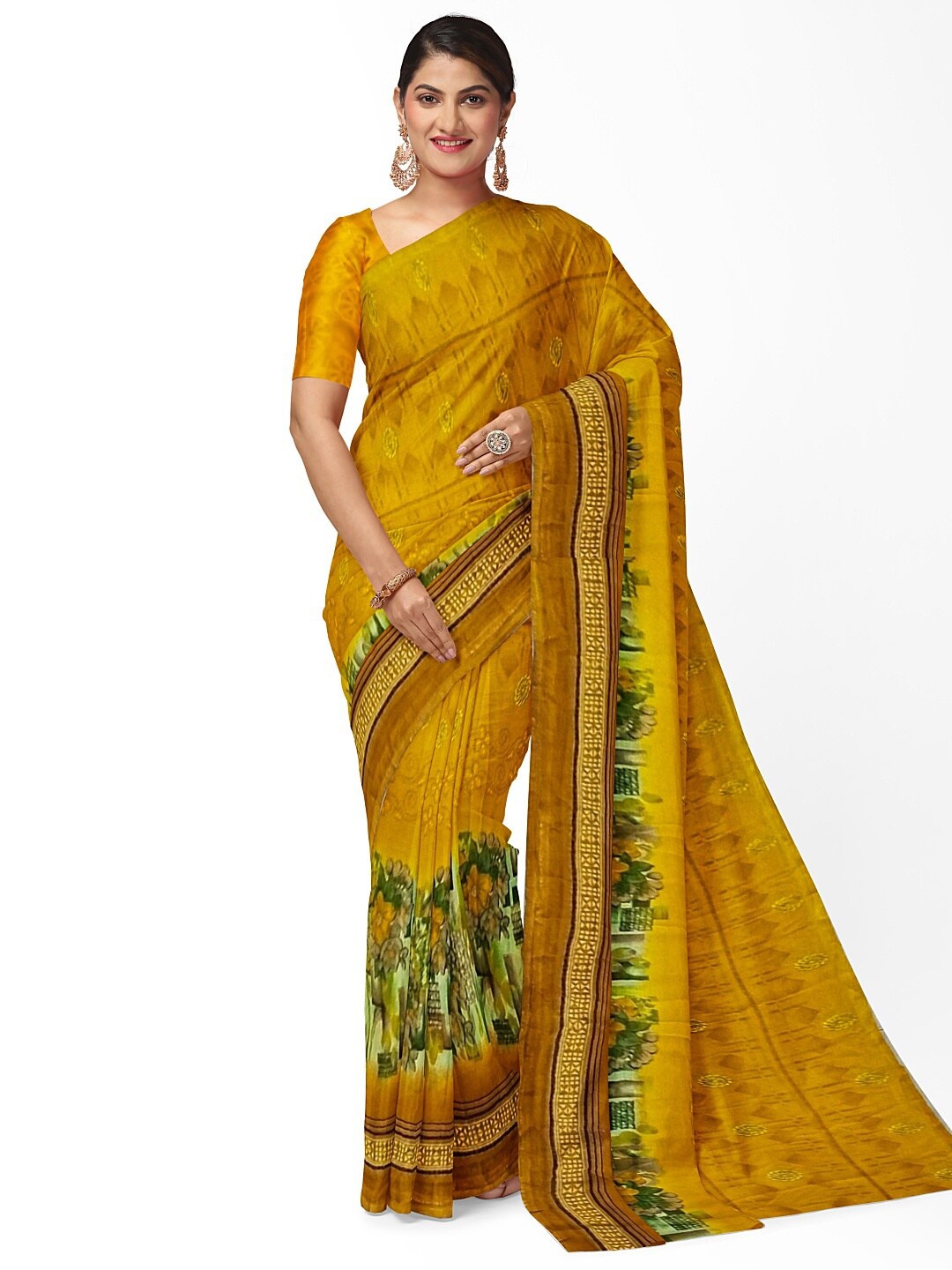 KALINI Yellow & Green Floral Pure Georgette Dharmavaram Saree