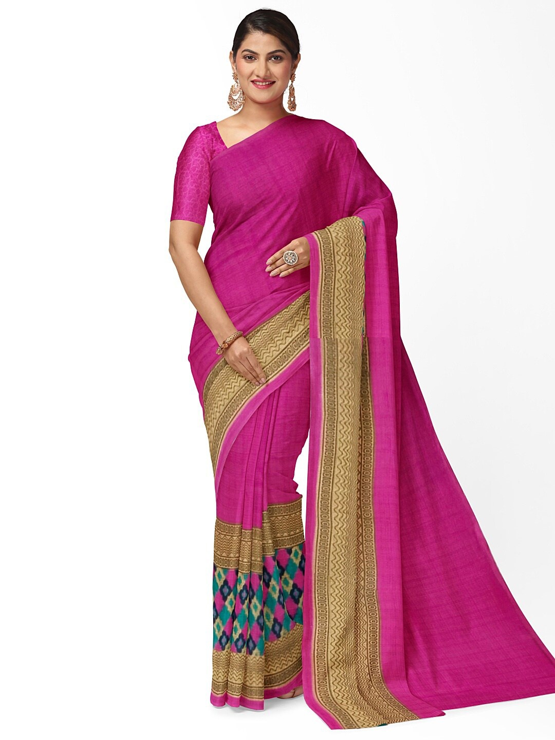 

KALINI Pink And Gold Ethnic Motifs Zari Pure Georgette Dharmavaram Saree