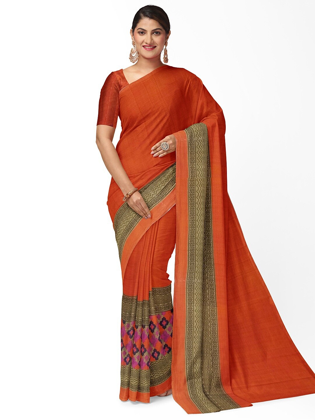 

Florence Orange & Beige Ethnic Motifs Pure Georgette Fusion Dharmavaram Saree