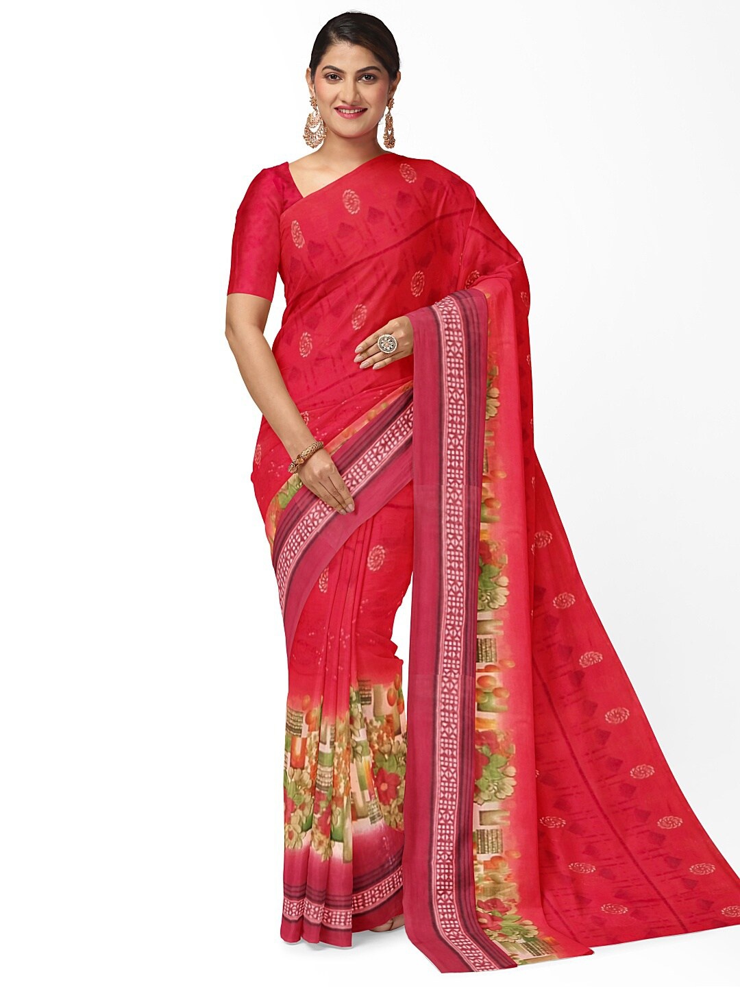 

Florence Peach-Coloured & Green Floral Pure Georgette Fusion Dharmavaram Saree