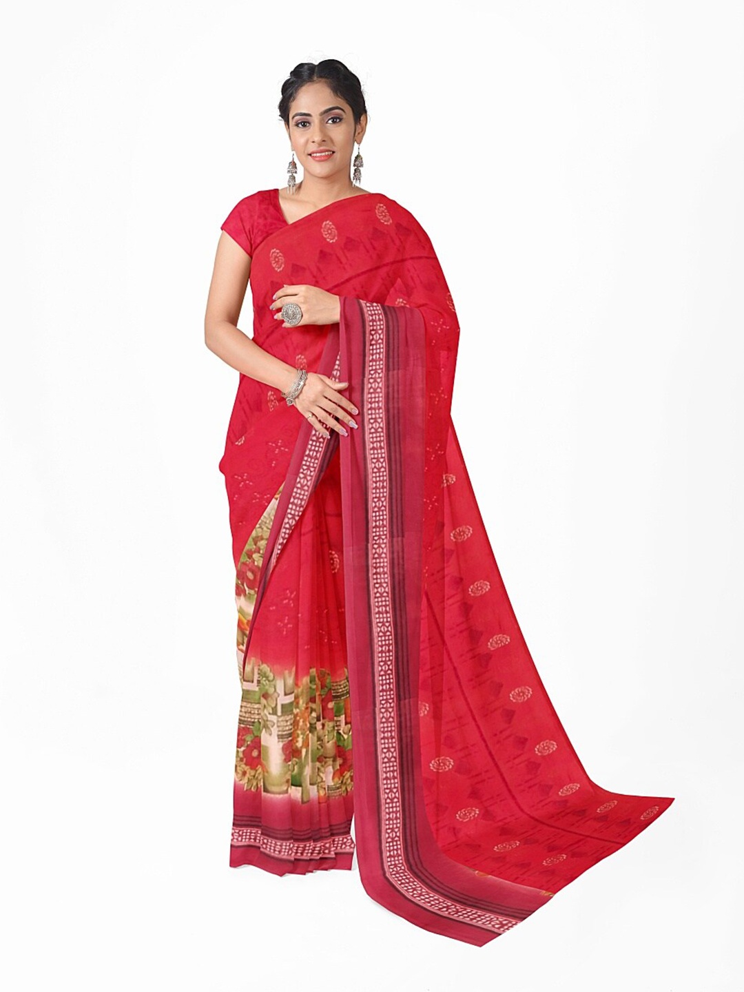 

KALINI Peach Floral Print Pure Georgette Dharmavaram Saree