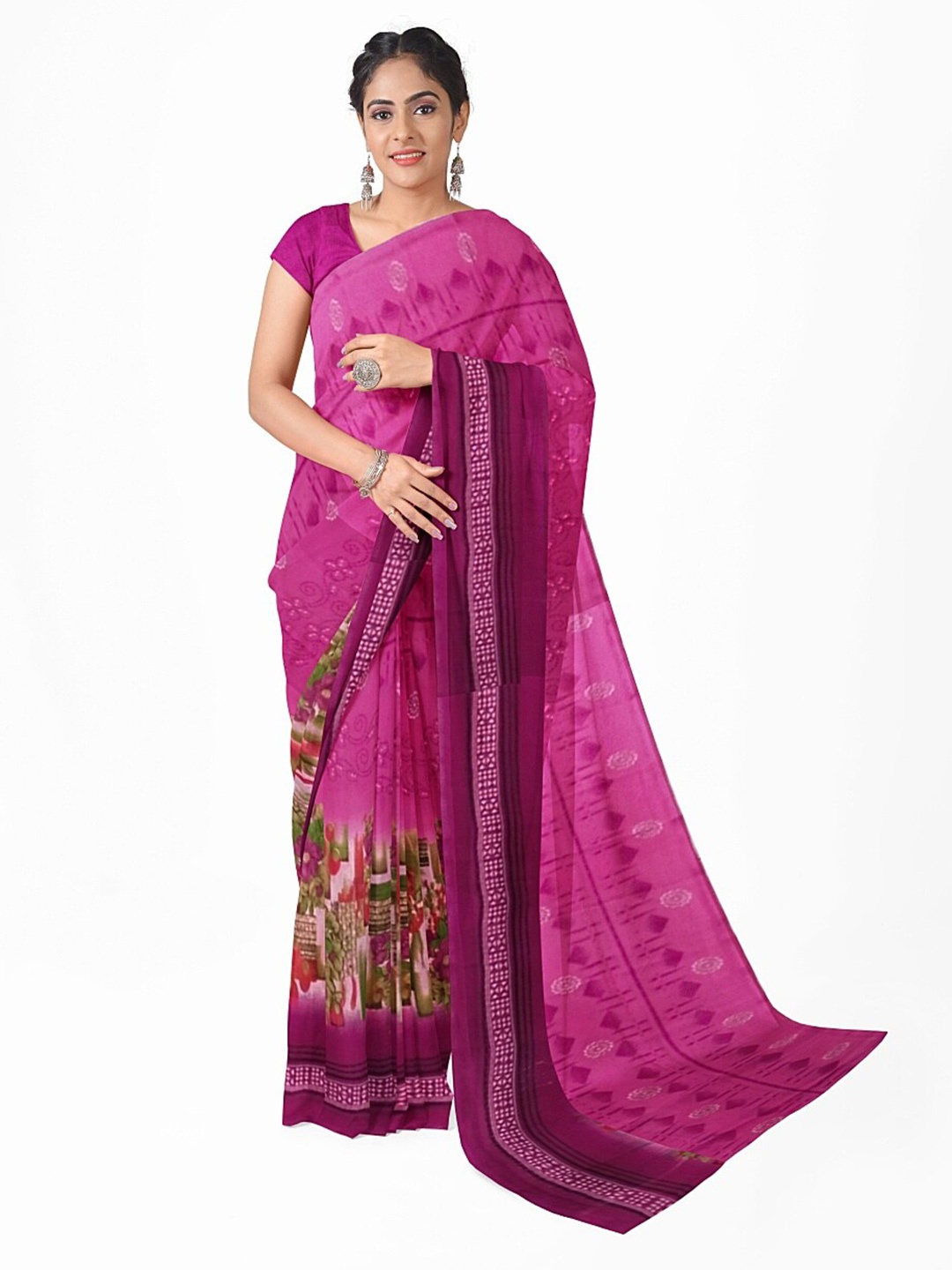 

KALINI Pink & Green Floral Printed Pure Georgette Saree